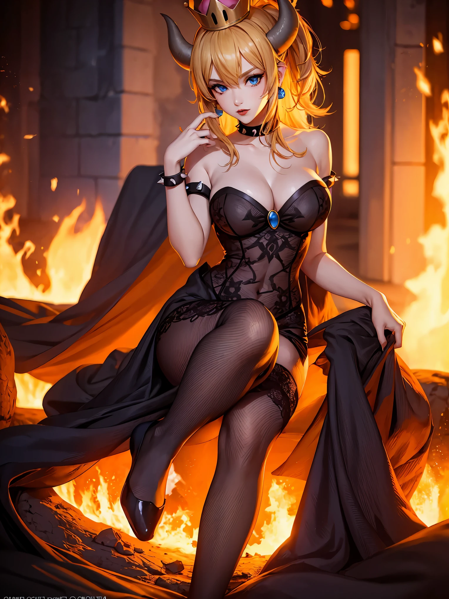 ((high detailed, best quality, 4k, masterpiece, hd:1.3)), ((best quality)), (((HD))), (((8k))), (ultraDH), (ultra HD), Princess Daisy, blue eyes, BREAK blue eyes, seductive, attractive, smooth anime cg art, 36C breasts, long legs, vivid colors, detailed digital art, slim body, perfect skin, dark blonde hair, long hair, blonde hair, blonde hair, BREAK crown, cleavage, 36C cleavage, looking at viewer, BREAK looking at viewer, extremely detailed face, red santa suit, red santa claus suit, santa claus suit, earrings, gem, dark black makeup lips, dark gothic eyeshadows, dark eyeshadows, black eyeshadows, black sexy lips, black lips, (dark:1.2), dark lips, very dark lips, (perfect hands, perfect anatomy), black makeup, black medium lips, black thick lips, detailed fingers, five fingers per hand, 5 fingers, (1 girl), detailed lips, detailed black lips, black painted lips, gothic painted lips, BREAK night, night sky, (breast focus), (arms outstreched:1.2), (from above:1.1), (breasts out:1.3), (off shoulder:1.1), (white horns), (lingerie), inside a lava castle, she inside a sea of lava, she bathing in lava, full body, perfect long legs, perfect foots, legs and foots into the lava,
