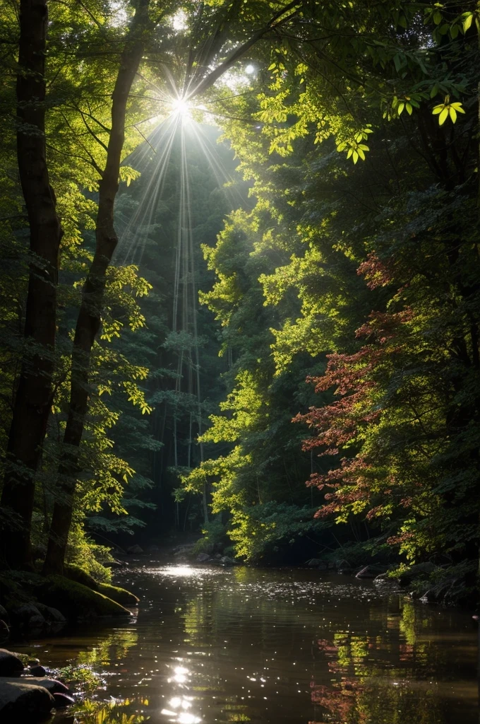 Create an image of a dense forest scene, where sunlight filters through the canopy of leaves, casting a soft, hazy glow. Amidst the trees, show a clear stream or creek running through the forest floor. Suspended in the air and floating just above the water's surface, depict tiny particles of dust and pollen, illuminated by the sunlight. These particles scatter the sunlight, creating visible beams of light that pierce through the trees and reflect off the water, showcasing the Tyndall Effect in action.