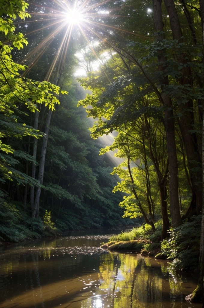 Create an image of a dense forest scene, where sunlight filters through the canopy of leaves, casting a soft, hazy glow. Amidst the trees, show a clear stream or creek running through the forest floor. Suspended in the air and floating just above the water's surface, depict tiny particles of dust and pollen, illuminated by the sunlight. These particles scatter the sunlight, creating visible beams of light that pierce through the trees and reflect off the water, showcasing the Tyndall Effect in action.