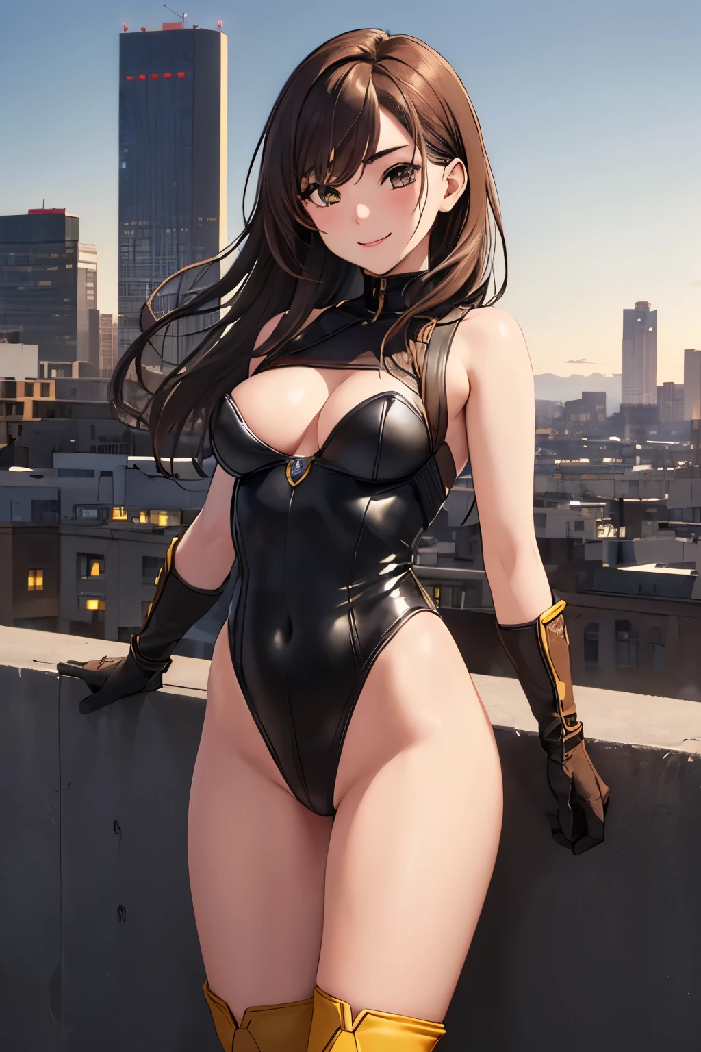 ((masterpiece, best quality)),very detailed, simple eyes, medium breasts, standing, lisa imai, 1girl, smile, black_gloves, breasts, brown_hair, eyebrows_visible_through_hair, gloves, yellow_rose, boots, superhero, leotard, bare legs, city backdrop