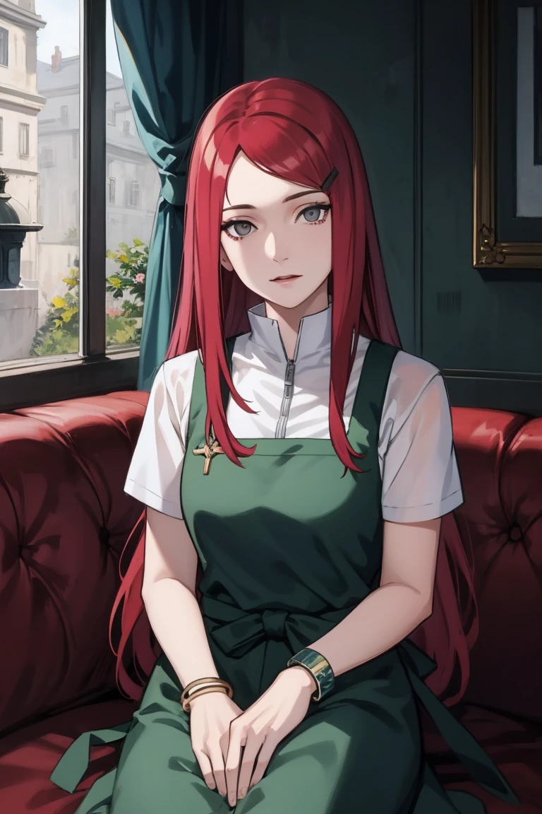 {-erro_de_anatomia:1.0} kushina, kushina, long hair, hair ornament, red hair, red head, hairclip, (grey eyes:1.5), BREAK shirt, dress, jewelry, white shirt, short sleeves, apron, bracelet, green apron, collar, BREAK looking at viewer, upper body, full body, cowboy shot, BREAK indoors, BREAK (masterpiece:1.2), best quality, high resolution, unity 8k wallpaper, (illustration:0.8), (beautiful detailed eyes:1.6), extremely detailed face, perfect lighting, extremely detailed CG, (perfect hands, perfect anatomy),sitting on the sofa