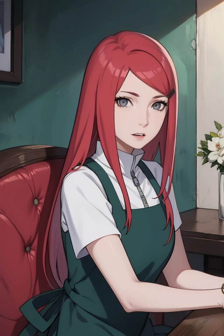 {-erro_de_anatomia:1.0} kushina, kushina, long hair, hair ornament, red hair, red head, hairclip, (grey eyes:1.5), BREAK shirt, dress, jewelry, white shirt, short sleeves, apron, bracelet, green apron, collar, BREAK looking at viewer, upper body, full body, cowboy shot, BREAK indoors, BREAK (masterpiece:1.2), best quality, high resolution, unity 8k wallpaper, (illustration:0.8), (beautiful detailed eyes:1.6), extremely detailed face, perfect lighting, extremely detailed CG, (perfect hands, perfect ),backwards, looking back
