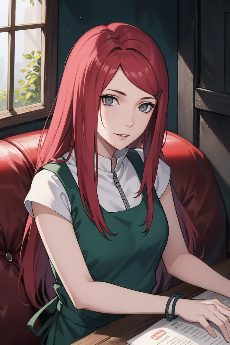 {-erro_de_anatomia:1.0} kushina, kushina, long hair, hair ornament, red hair, red head, hairclip, (grey eyes:1.5), BREAK shirt, dress, jewelry, white shirt, short sleeves, apron, bracelet, green apron, collar, BREAK looking at viewer, upper body, full body, cowboy shot, BREAK indoors, BREAK (masterpiece:1.2), best quality, high resolution, unity 8k wallpaper, (illustration:0.8), (beautiful detailed eyes:1.6), extremely detailed face, perfect lighting, extremely detailed CG, (perfect hands, perfect anatomy),sitting on the sofa