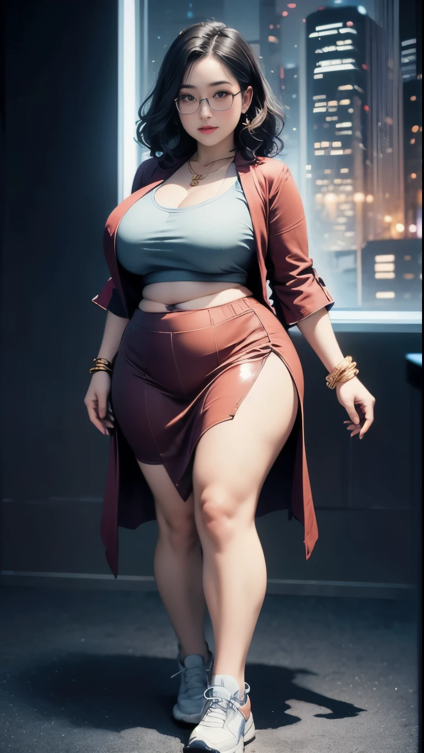((best quality)), ((masterpiece)), (detailed), perfect face, 1girl, thick body, japanese-Indonesian goddess ,high resolution , high quality , slightly fat round belly, thick thighs, polite t-shirt covered her belly , wearing a thight skirt , wearing nike sneakers , in the dark room, standing pose,  thick massive arm, thick thighs , wavy blue medium short hair Color, wearing many gold bracelet , wearing huge diamond necklace , full body view, red robe, glasses , thick neck,  Cold blue hue, high dehaze, korean Goddess , thick cheeks , big breast 