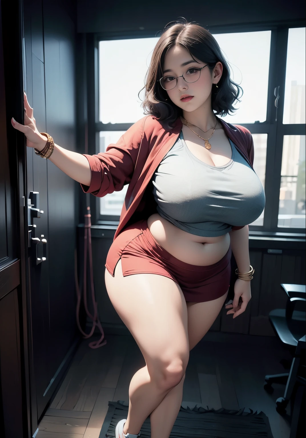 ((best quality)), ((masterpiece)), (detailed), perfect face, 1girl, thick body, japanese-Indonesian goddess ,high resolution , high quality , slightly fat round belly, thick thighs, polite t-shirt covered her belly , wearing a thight skirt , wearing nike sneakers , in the dark room, standing pose, thick massive arm, thick thighs , wavy blue medium short hair Color, wearing many gold bracelet , wearing huge diamond necklace , full body view, red robe, glasses , thick neck, Cold blue hue, high dehaze, korean Goddess , thick cheeks , big breast