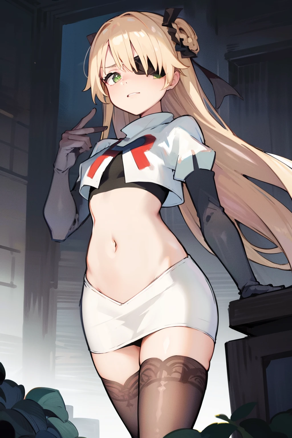 absurdres, fischl (dunkelnacht sakrament) (genshin impact), green eyes, (white pupils:1.2), fischl (genshin impact), medium_breasts, blonde hair, eyepatch, long hair, hair over one eye, bangs, hair ribbon, small breasts, 1girl, team rocket,team rocket uniform,white skirt,red letter R,crop top,black thigh-highs,black elbow gloves, embarrassed, blush