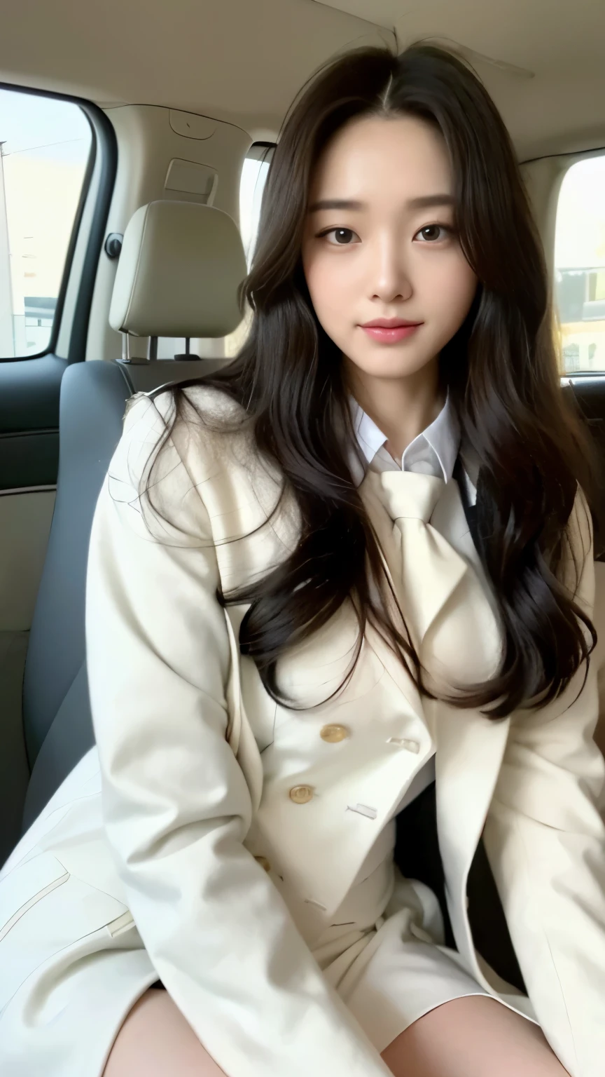 ((top-quality、8k、masterpiece:1.3))、Beautiful woman with perfect body:1.4、slim abdomen:1.2、Longhair, normal breast, Highly detailed facial and skin texture, A detailed eye, delicate eyes, double eyelid, (smile), (full body shot), ((sitting in car 1.1)), (sitting on car), ((wearing white uniform with white coat)), looking in front