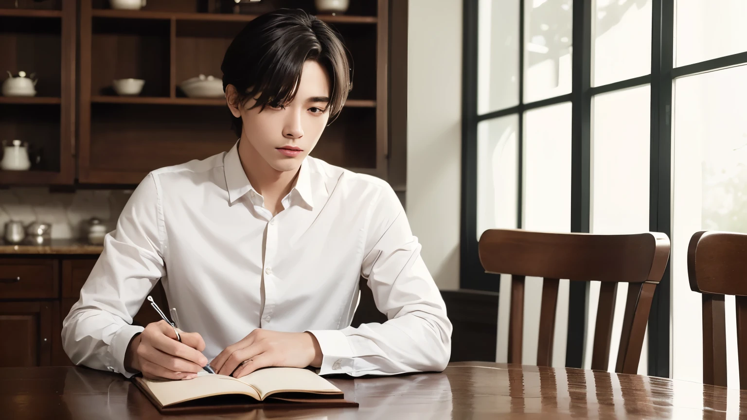 ((Masterpiece, best quality)), (1 man), (alone), The son was sitting at the dining table., The page is very detailed., real picture, Real white skin, realistic body, complicated details, serious , brown eyes, look at the book, Write a book with intention ,black hair, long sleeve shirt