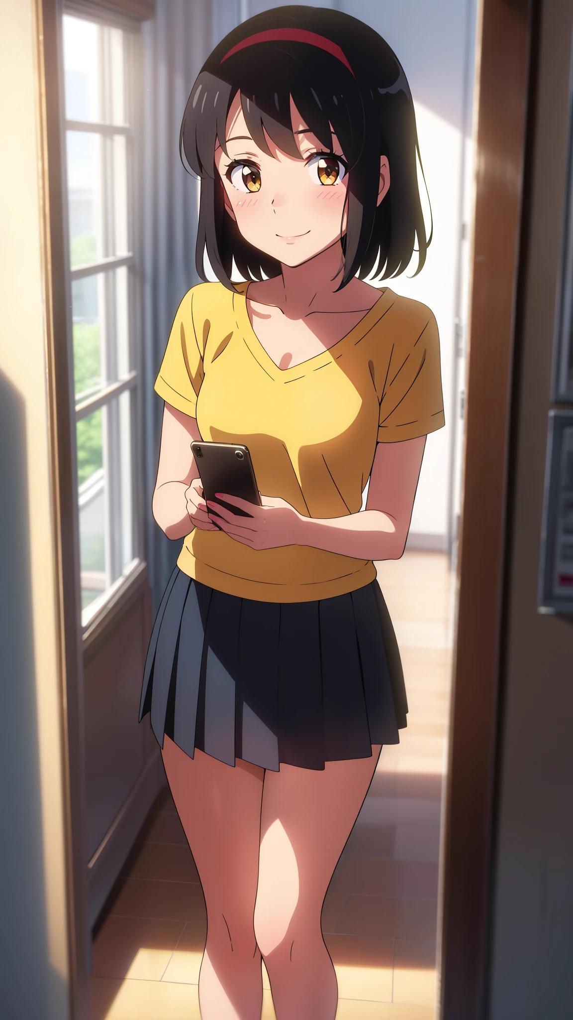 shinkai makoto, kimi no na wa., 1girl, bangs, black hair, blush, bright eyes, brown eyes, red headband, red bow, red ribbon, short hair, smile, cute, beautiful, shiny skin, looking at the viewer, solo, happy, collarbone, yellow shirt, short sleeves, skirt, pleated skirt, miniskirt, standing, pov, room, iphone, hold the cell phone