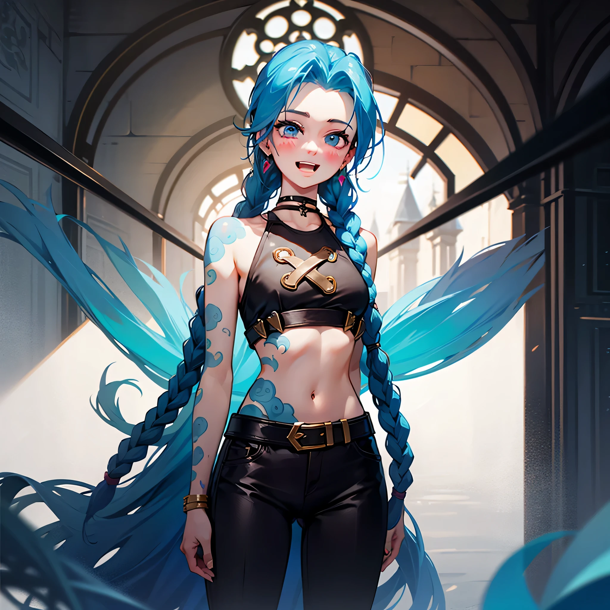 jinx \(league of legends\), 1girl,Pixar style, solo, braid, twin braids, long hair, Surprised Eyes,tattoo, piercing, belt, jewelry, earrings, (Eyes wide open:0.9),looking at viewer, arm tattoo, (Background of medieval castles:1.1), blue hair, blush, smile, v arms, choker, crop top, small breasts, green hair, shoulder tattoo, teeth, open mouth, alternate costume, midriff, pants, blue eyes,