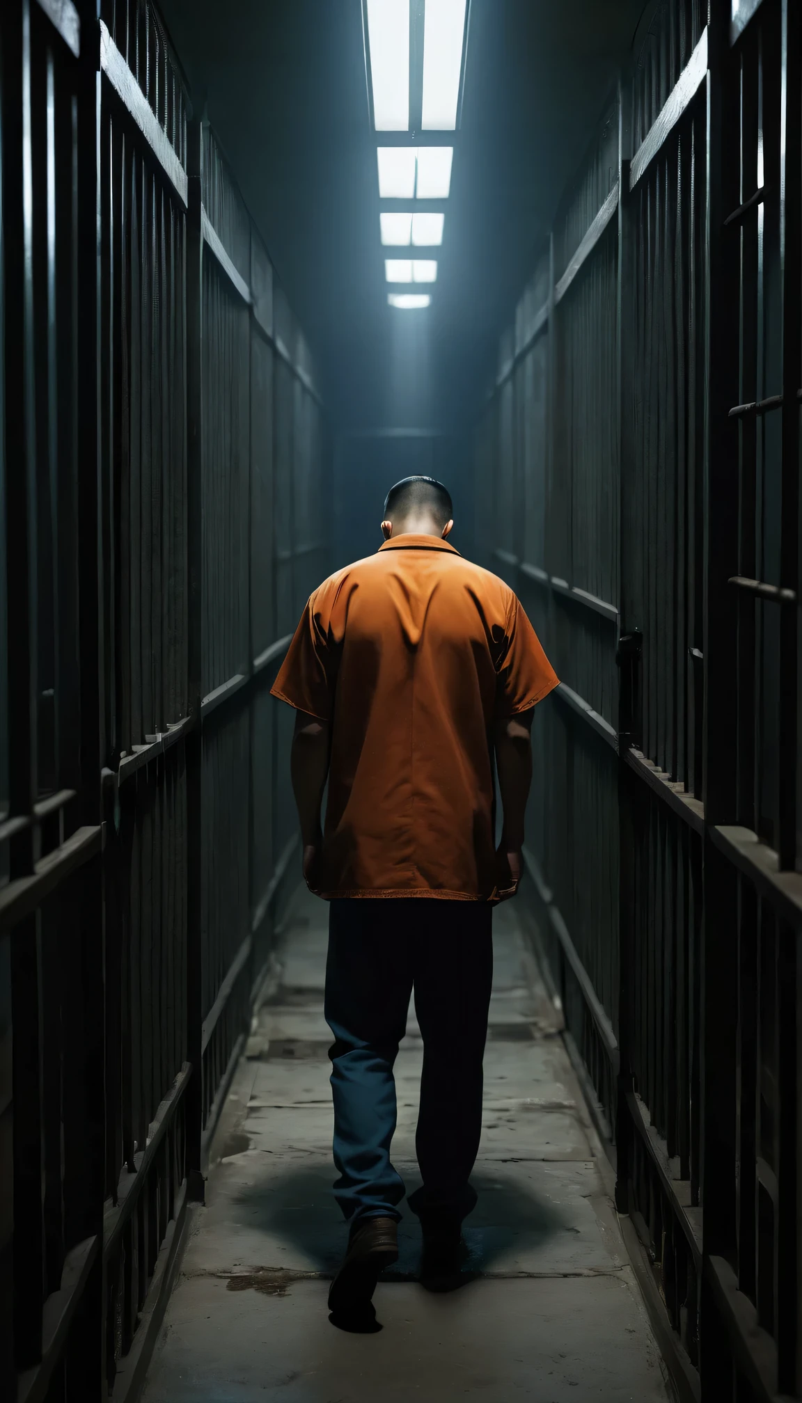 （best quality，4k，8k，masterpiece：1.2），super detailed，（lifelike，照片lifelike，Photos are real：1.37），imprisonment，(Tyndall effect)，dark atmosphere，night，Hidden emotions，despaight for survival，dramatic lighting，Mixed emotions，nervous，Poor prison conditions，In sharp contrast，depressed，anxiety，narrow corridor，unyielding