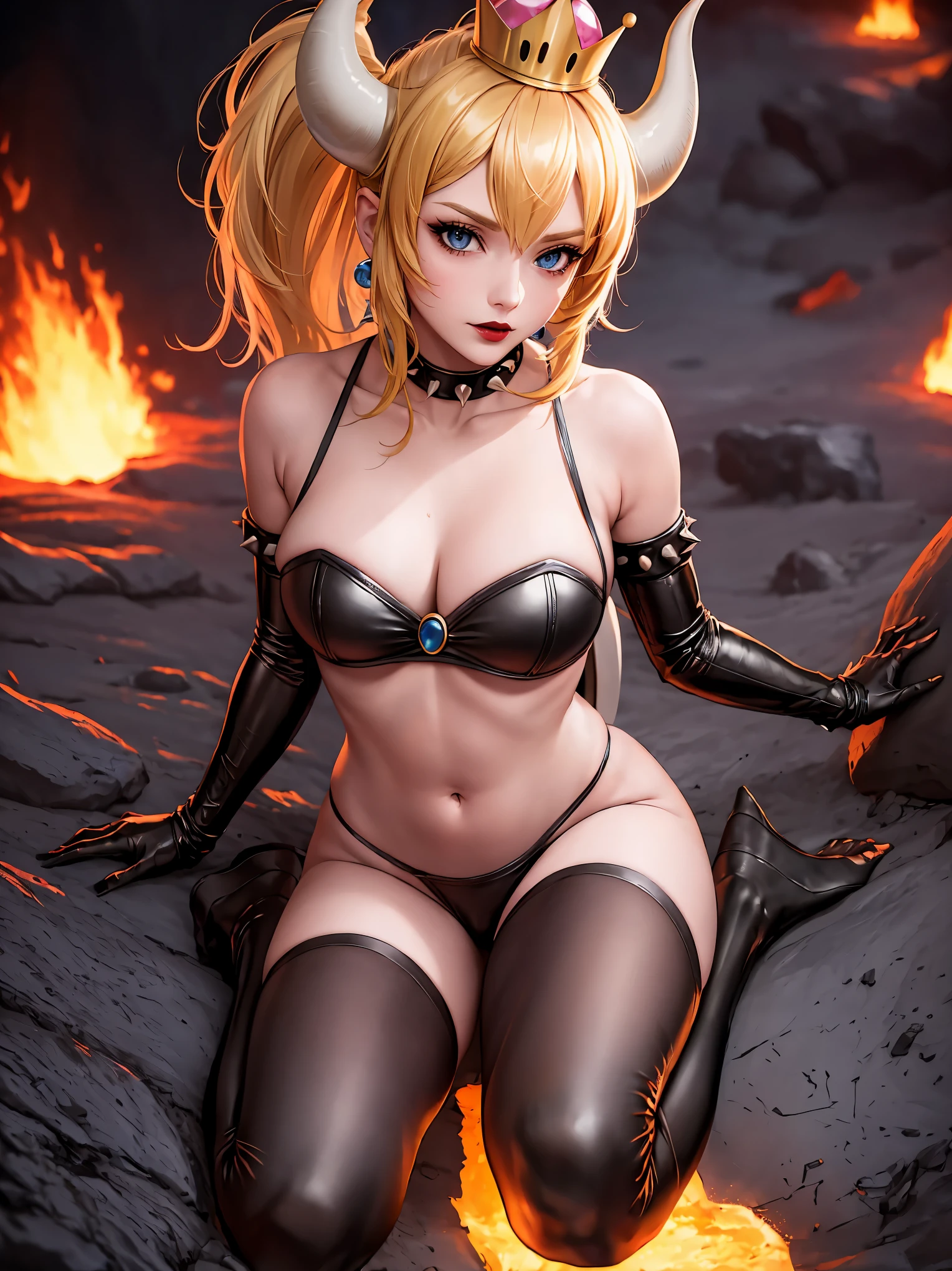 ((high detailed, best quality, 4k, masterpiece, hd:1.3)), ((best quality)), (((HD))), (((8k))), (ultraDH), (ultra HD), Princess Daisy, blue eyes, BREAK blue eyes, seductive, attractive, smooth anime cg art, 36C breasts, long legs, vivid colors, detailed digital art, slim body, perfect skin, dark blonde hair, long hair, blonde hair, blonde hair, BREAK crown, cleavage, 36C cleavage, looking at viewer, BREAK looking at viewer, extremely detailed face, red santa suit, red santa claus suit, santa claus suit, earrings, gem, dark black makeup lips, dark gothic eyeshadows, dark eyeshadows, black eyeshadows, black sexy lips, black lips, (dark:1.2), dark lips, very dark lips, (perfect hands, perfect anatomy), black makeup, black medium lips, black thick lips, detailed fingers, five fingers per hand, 5 fingers, (1 girl), detailed lips, detailed black lips, black painted lips, gothic painted lips, BREAK night, night sky, (breast focus), (arms outstreched:1.2), (from above:1.1), (breasts out:1.3), (off shoulder:1.1), (white horns), (lingerie), inside a lava castle, she inside a sea of lava, she bathing in lava, full body, perfect long legs, perfect foots, legs and foots into the lava,