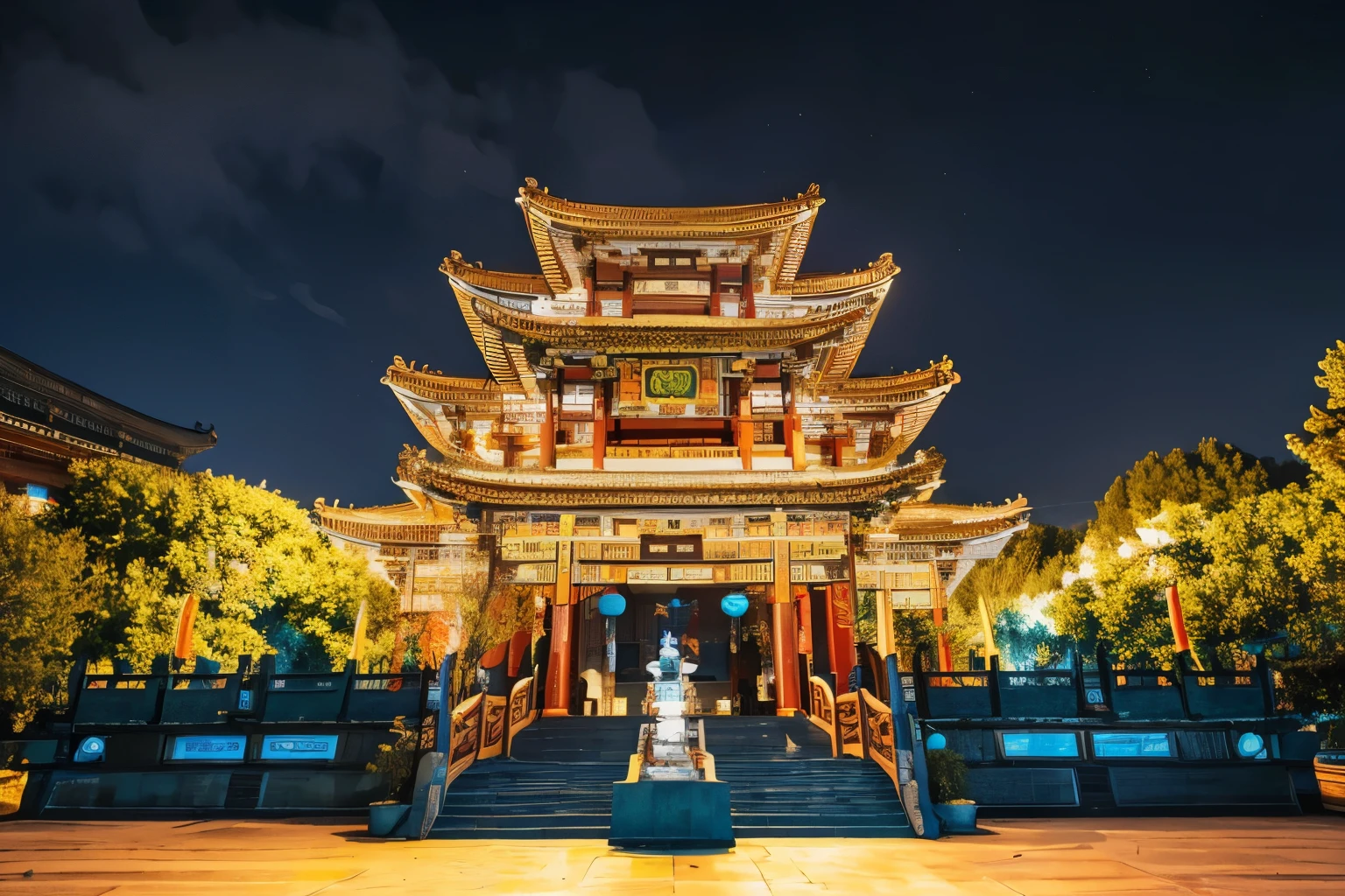 Oriental Chinese scene，Chinese ancient dragon king temple   ，Disperse multiple scenes，Golden roof，There is a pool and Dragon King sculpture，Chinese archway，Forest of Steles，green landscape