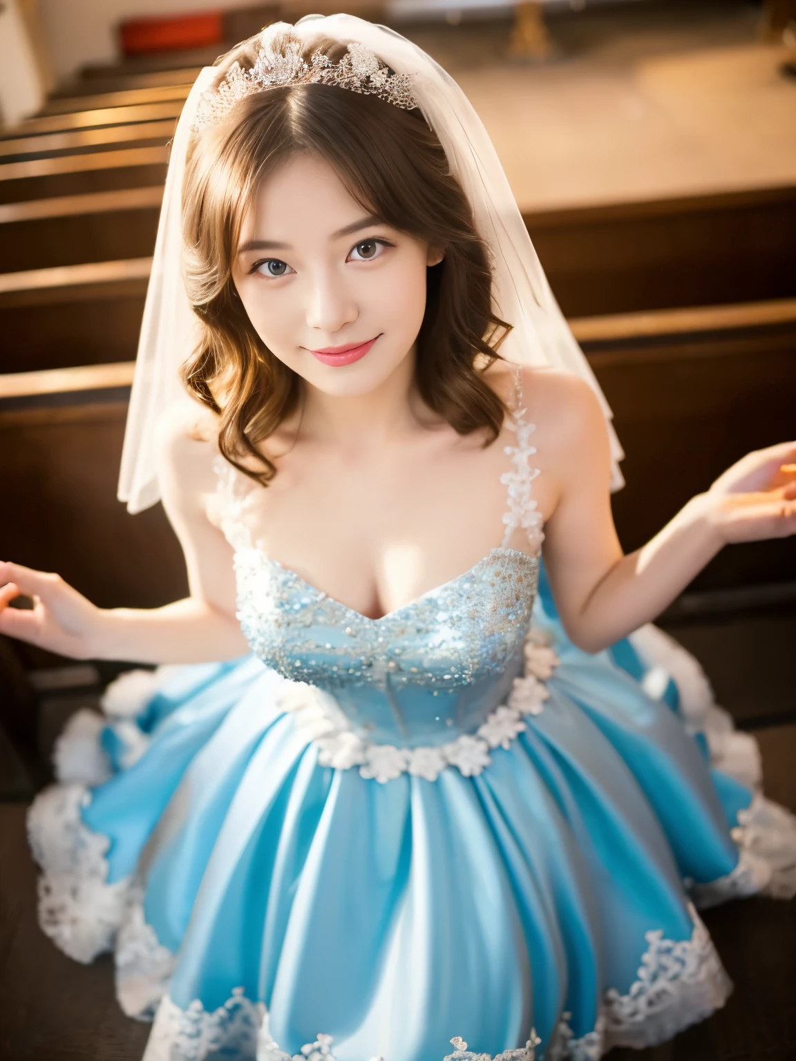 A Caucasian girl, blonde ponytail, BREAK, baby face, standing, (satin princess dress, blue wedding dress:1.4), BREAK, (wedd00ing:1.2), (tiny tits, tt_flat), shooting from side, armpit, smiling, blushing face, bedroom, 