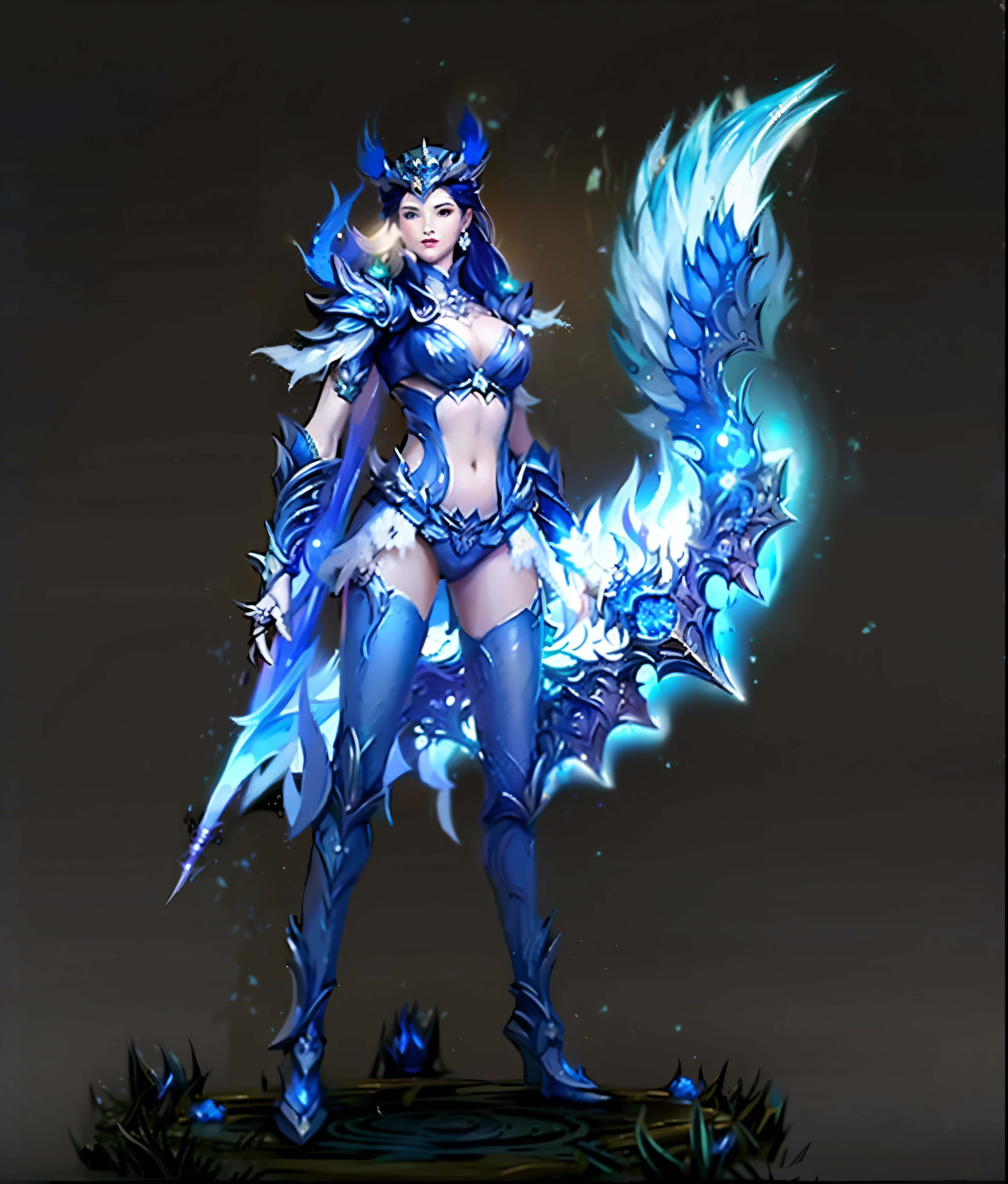 a woman in blue armor holding a sword and a blue flame, ice sorceress, ice crystal armor, ice mage, fantasy outfit, full body xianxia, shamanistic dark blue clothes, beautiful ancient frost witch, lunar themed attire, freezing blue skin, blue and ice silver color armor, aion, mystical atlantean valkyrie