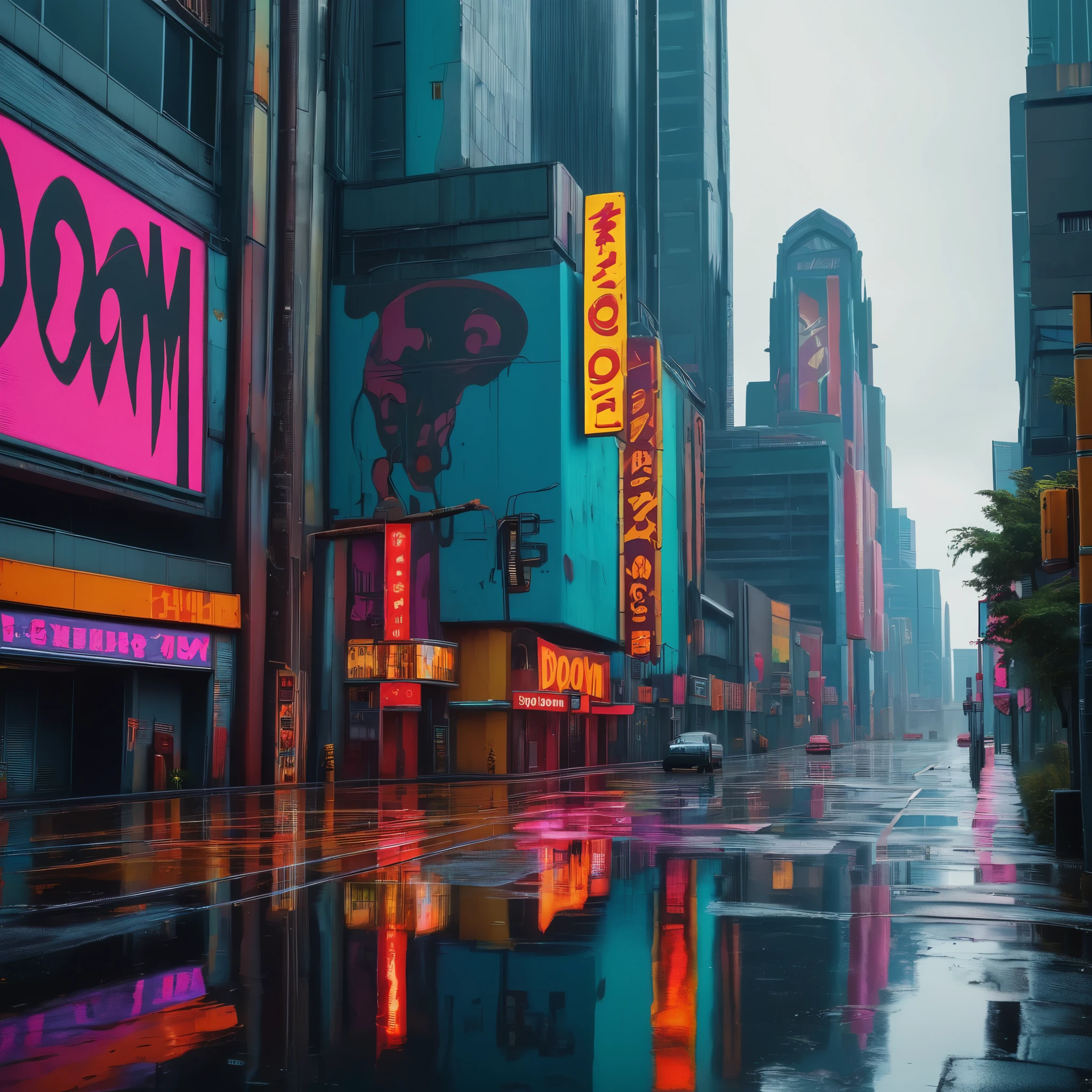 create an image demonstrating the style of ((Doom-gloom-city-pop)) style, hyper realism, 8k high definition, vibrant colors, sharp focus, insanely detailed