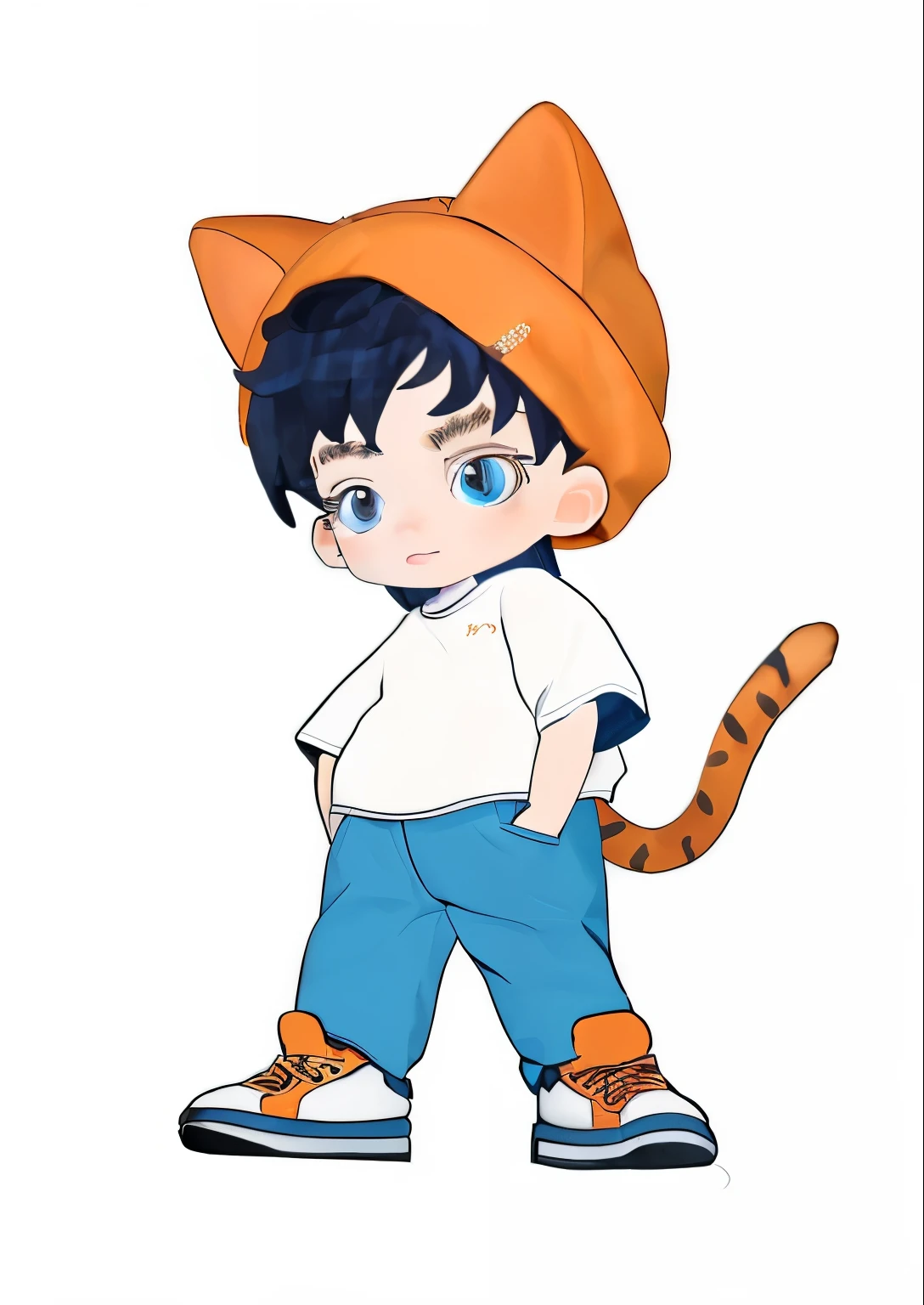 1 boy, alone, best quality, Orange hat with cat ears, sparkling eyes, Wear white short sleeves and blue jeans,curly tail