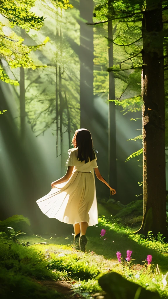 A girl walking through a forest with trees casting rays of light, depicting the Tyndall Effect. The girl has a sense of wonder and awe on her face as she admires the magical atmosphere. The sunlight filters through the leaves, creating a soft, ethereal glow. The forest is dense with tall, majestic trees, and the ground is covered with a carpet of lush green moss and wildflowers. The girl's eyes are expressive and detailed, capturing her curiosity and appreciation for nature. Her lips are soft and slightly parted, as if she is about to say something in amazement. The scene is rendered in a photorealistic style, with sharp focus and vibrant, vivid colors. The lighting is carefully crafted to enhance the magical ambiance, with sunbeams illuminating the scene and creating a sense of depth. The overall image quality is of the highest standard, with ultra-detailed textures and a resolution of 4k or higher. The Tyndall Effect is showcased prominently, with the rays of sunlight scattering and revealing the beauty of the forest.