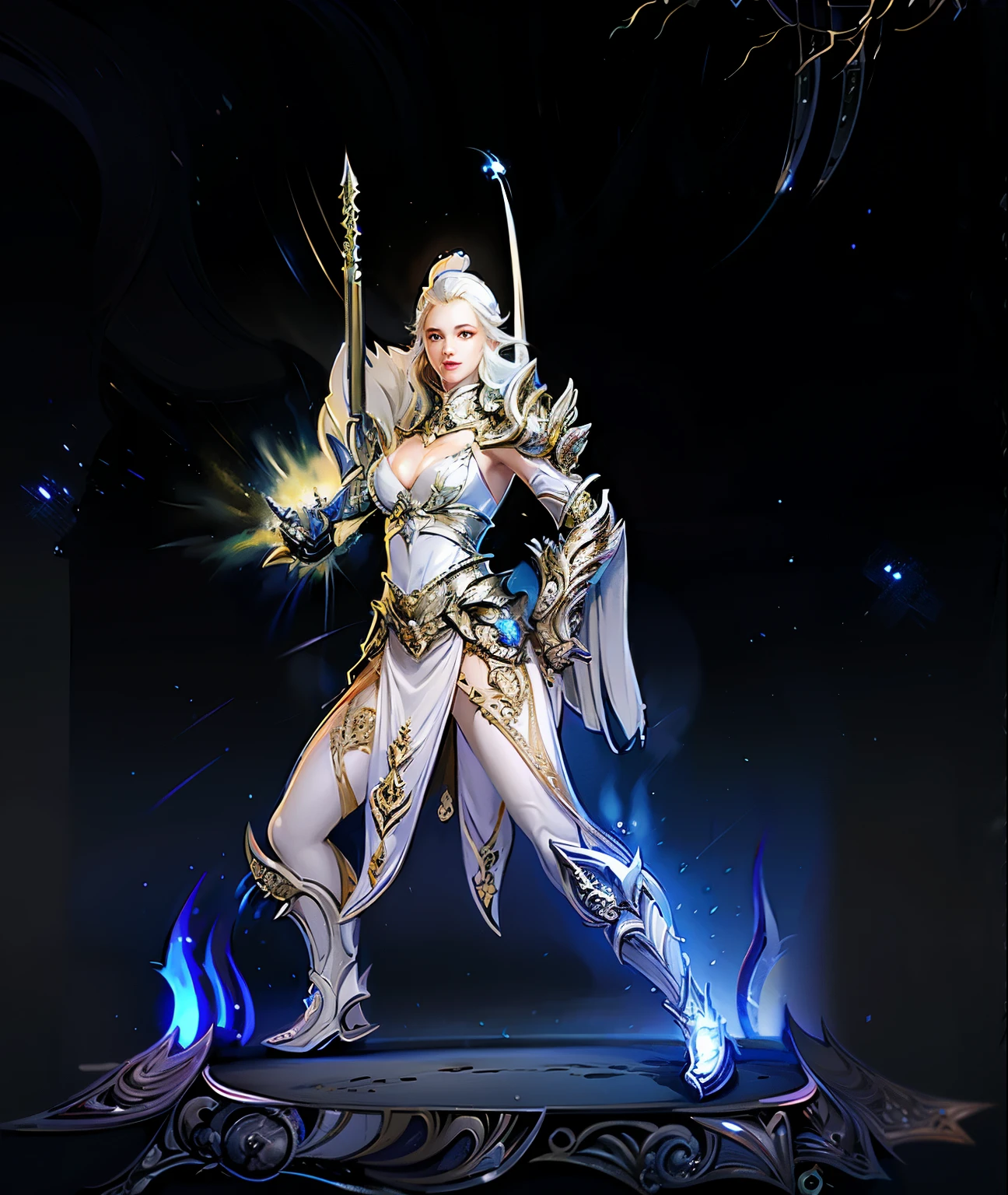 arafed woman in a silver outfit holding two swords, clothed in ethereal battle armor, intricate white armor, sleek bright white armor, sliver ice color reflected armor, white gold skin, ornate bikini armor, aion, white armor, clothed in ethereal armor, glossy white armor, white plated armor, intricate white and gold armor, detailed white armor