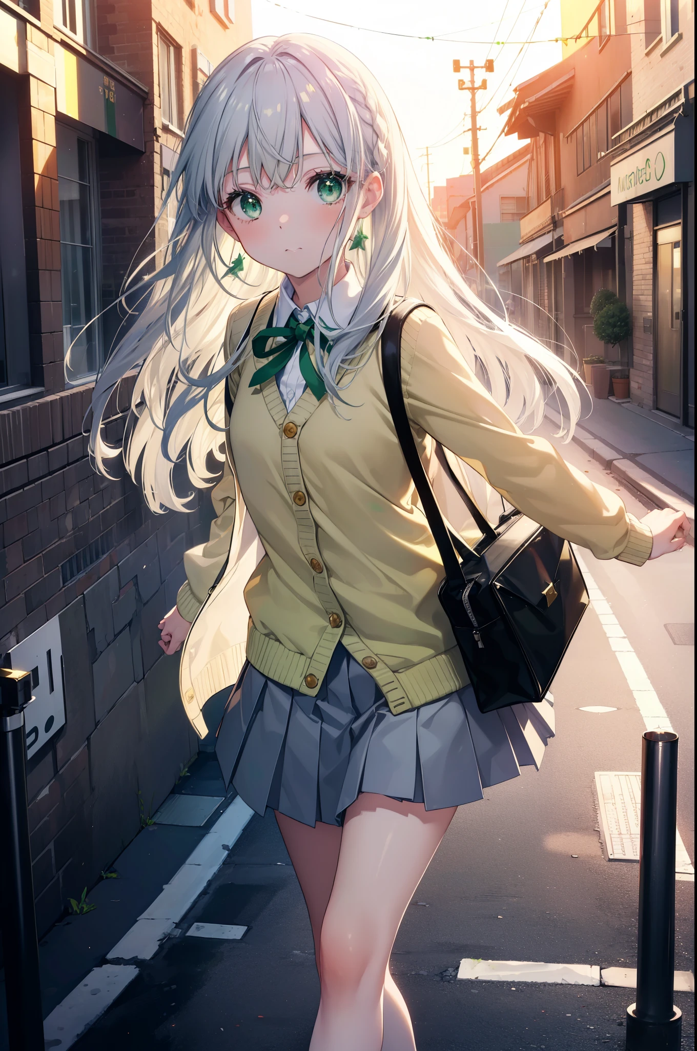 index, index, (green eyes:1.5), silver hair, long hair, (flat chest:1.2),yMedium sleeve shirt,ribbon,Yellow cardigan,blazer,black pleated skirt,white pantyhose,loafers,toast in your mouth, running, city street,morning,morning日,sunrise,A girl running with a student bag,
break looking at viewer, Upper body, ぜん
break outdoors, In town,
break (masterpiece:1.2), highest quality, High resolution, unity 8k wallpaper, (figure:0.8), (detailed and beautiful eyes:1.6), highly detailed face, perfect lighting, Very detailed CG, (perfect hands, perfect anatomy),