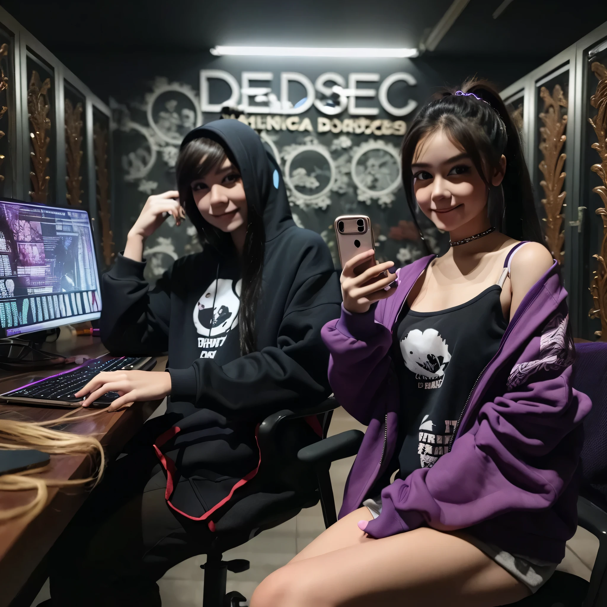 Lady, ponytail long hair, beautiful face, wear purple hoody jacket, Gravity says "dedsec" on the wall, little smile, holding iphone 13, wearing blue hotpants , cleavage 