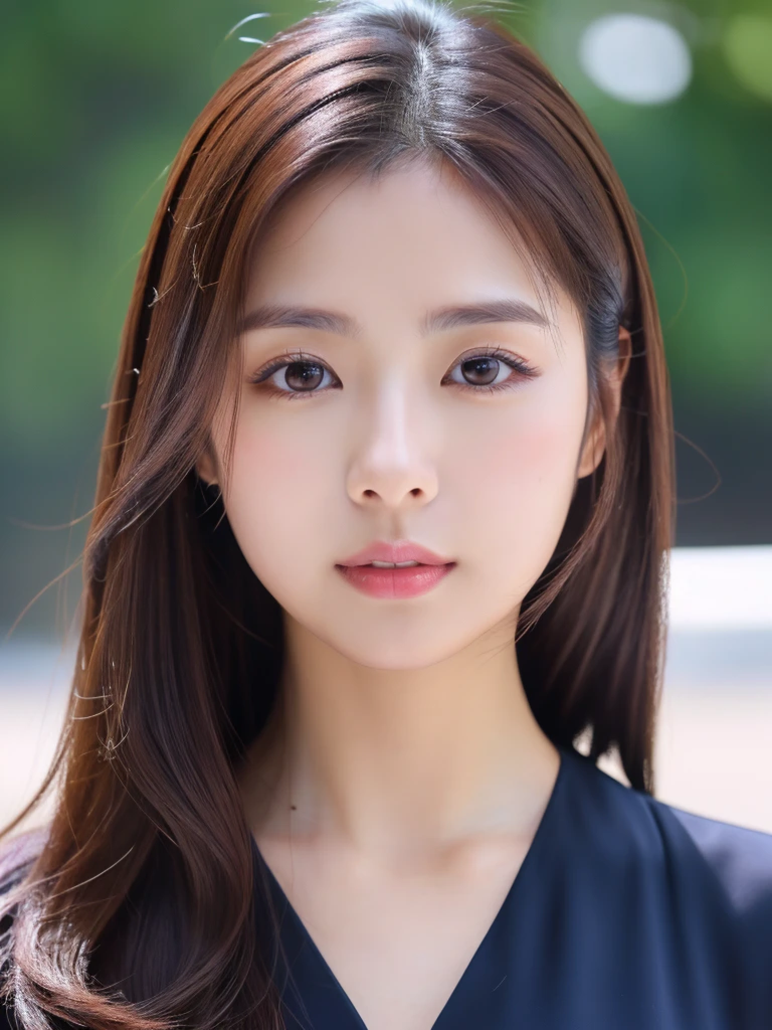 ((cute japanese girl、beautiful japanese girl、1 girl、19 years old、ponytail、Highly detailed face and skin texture、super detailed face、super detailed eyes、Li Hong、blush、close up of a woman、front、 from the neck up、cute、Highly detailed face and skin texture、smooth white skin、Transparent skin texture、))、(dark brown hair)、looking at the camera、sharp focus:1.2、beautiful woman with perfect style:1.4、japanese model、young gravure idol、young cute gravure idol、Realistic young gravure idol、sophisticated gravure idol、((highest quality、8K、masterpiece:1.5、1photos))、(4K、RAW photo、highest quality)、Place a person across the screen、Natural light、professional lighting、(realistic、Photo realistic:1.5)、 dark purple sexy one-piece dress、