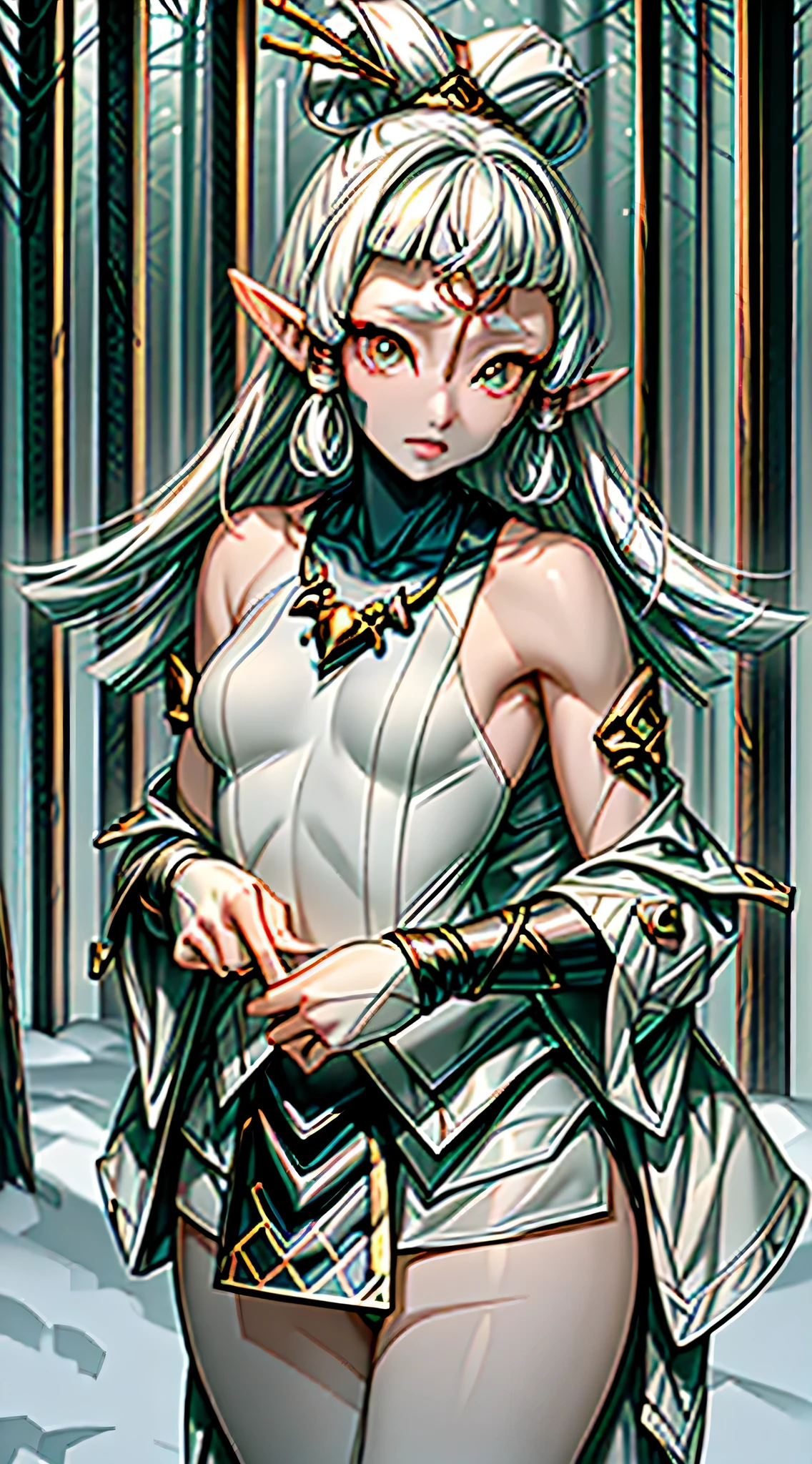 paya, cute elf,((anime elf with extremely cute and beautiful blonde hair)), (((elf))), (((elf ears))), ((((white hair:1.35,messy white hair,colored inner hair,ear breathing)))),(((gold_eyes:1.3))),intricate eyes,beautiful detailed eyes,symmetrical eyes,big eyes:1.5,(((lustrous skin:1.5,bright skin: 1.5,skin tanned,shiny skin,very shiny skin,shiny body,plastic glitter skin,exaggerated shiny skin,illuminated skin))),(delicate detailed fingers,detailed body,(detailed face)), cute,slutty,erotic,daring,((nsfw)), zettai ryouiki,revealing clothing,show skin,(((Sexy ivory fur coat, ivory fur coat outfit, wearing a ivory fur coat:1.3,ivory winter coat))), ((ivory mini-skirt,ivory mini skirt with furry edge,visible thong straps)),(white gloves,ivory clothes,semi-naked,with little ivory clothing,((((furry edge clothing)))),(((intricate outfit,intricate clothes,embroidered outfit,ornate outfit,embroidered clothes,ornate clothes))), (dynamic pose:1.0),embarrassed,(centered,scale to fit dimensions,Rule of thirds), ((snowy pine forest at night)), with dark stormy clouds,winter,scenery:1.25,((snow forest background)),Christmas tree, highres,sharp focus,(ultra detailed,extremely detailed),(photorealistic artwork:1.37),(extremely detailed CG unity 8k wallpaper),(((vibrant colors,vibrant theme))),(intricate),(masterpiece),(best quality),