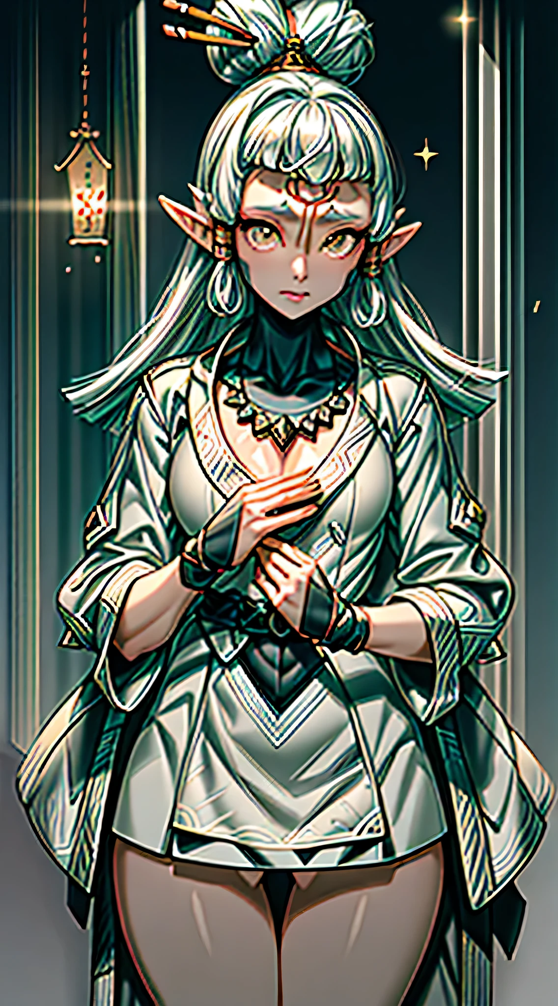 paya, cute elf,((anime elf with extremely cute and beautiful blonde hair)), (((elf))), (((elf ears))), ((((white hair:1.35,messy white hair,colored inner hair,ear breathing)))),(((gold_eyes:1.3))),intricate eyes,beautiful detailed eyes,symmetrical eyes,big eyes:1.5,(((lustrous skin:1.5,bright skin: 1.5,skin tanned,shiny skin,very shiny skin,shiny body,plastic glitter skin,exaggerated shiny skin,illuminated skin))),(delicate detailed fingers,detailed body,(detailed face)), cute,slutty,erotic,daring,((nsfw)), zettai ryouiki,revealing clothing,show skin,(((Sexy ivory fur coat, ivory fur coat outfit, wearing a ivory fur coat:1.3,ivory winter coat))), ((ivory mini-skirt,ivory mini skirt with furry edge,visible thong straps)),(white gloves,ivory clothes,semi-naked,with little ivory clothing,((((furry edge clothing)))),(((intricate outfit,intricate clothes,embroidered outfit,ornate outfit,embroidered clothes,ornate clothes))), (dynamic pose:1.0),embarrassed,(centered,scale to fit dimensions,Rule of thirds), ((snowy pine forest at night)), with dark stormy clouds,winter,scenery:1.25,((snow forest background)),Christmas tree, highres,sharp focus,(ultra detailed,extremely detailed),(photorealistic artwork:1.37),(extremely detailed CG unity 8k wallpaper),(((vibrant colors,vibrant theme))),(intricate),(masterpiece),(best quality),