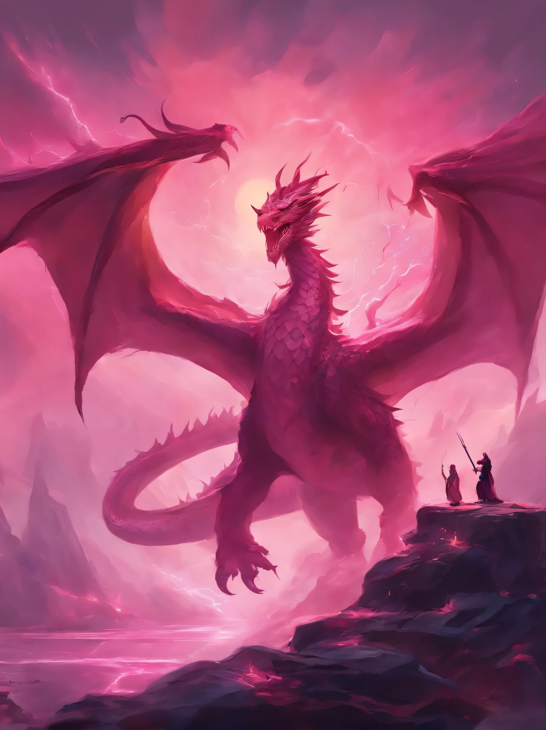 fight with dragon, pink, rain, warrior, theme, long sword, sword, current, like, beam, monster, three people, struggle, violent art style, dragon background