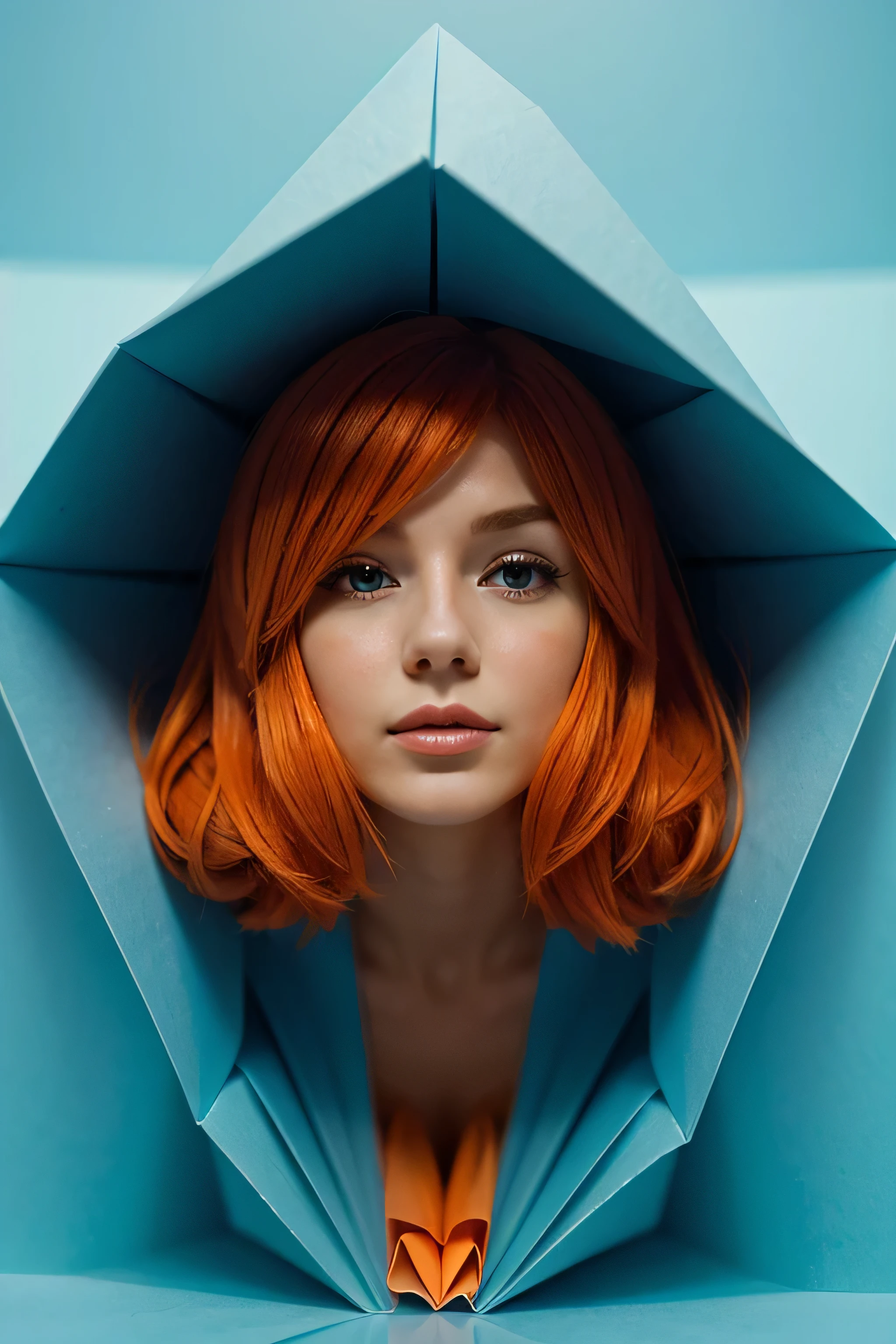 A beautiful orange-haired woman formed in an ice blue paperfolding.