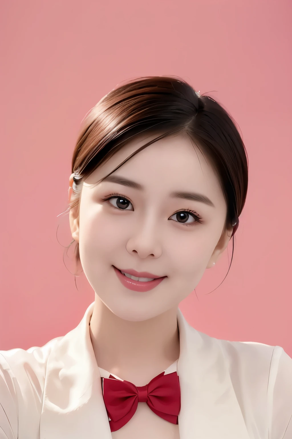 best quality,masterpiece,ultra high resolution,(lifelike:1.4),，beautiful girl，goddess，charming smile，Short hair tied up，Face is clear and delicate，(face close-up)，((Half-length photo))，wearing white shirt，red bow tie，The background is a solid color，Soft pink background，masterpiece，light