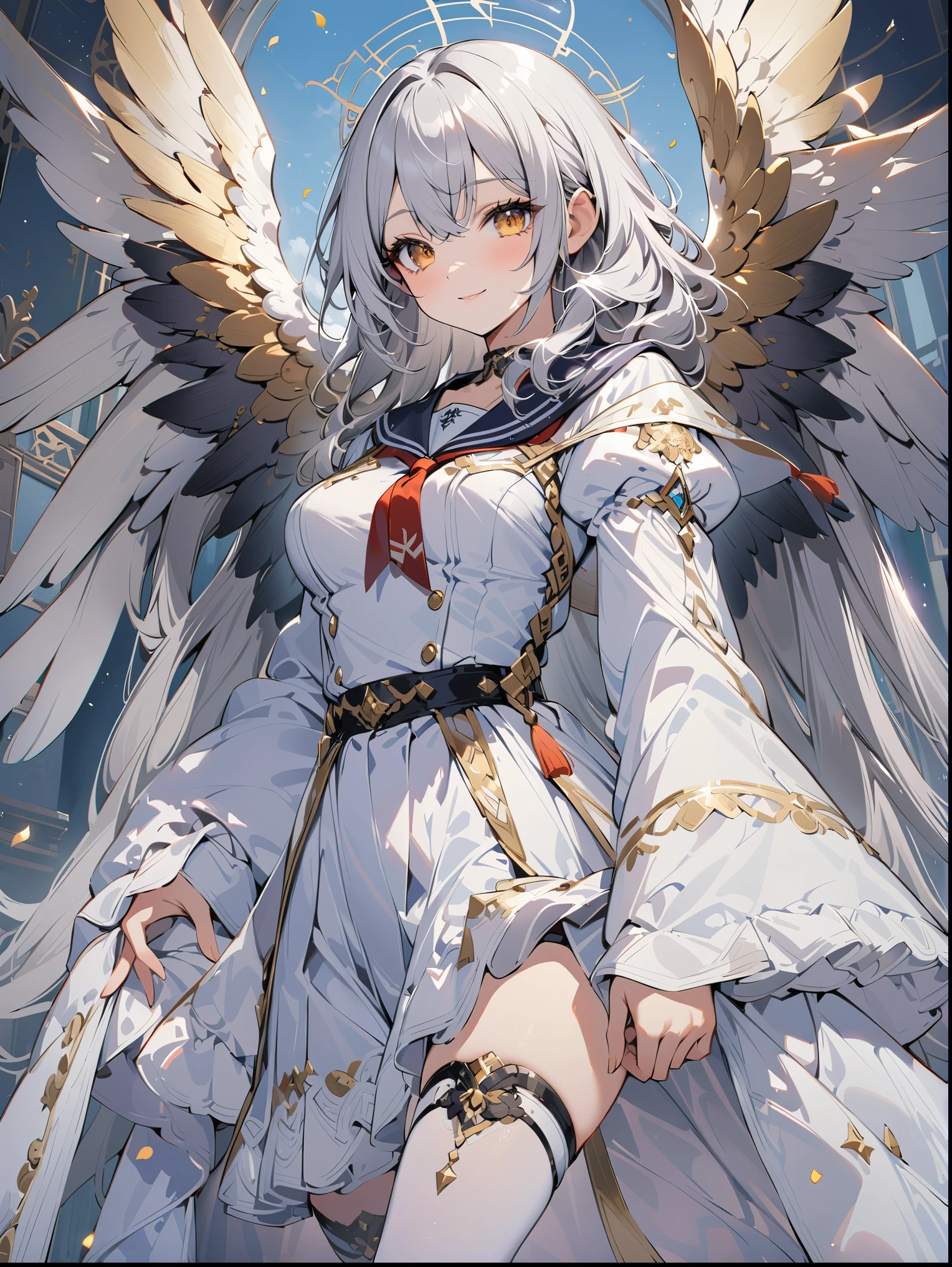 8K resolution, ((highest quality)), ((masterpiece)), ((Super detailed)), (andても繊細で美しい), and a girl, alone, gentle expression, 彼女はandても(relax)and(Calm)exterior,gray haired, written boundary depth, bright smile, bright yellow eyes, bright white hair, beautiful background, Long Hair - Linear Art, black skirt, White uniform like a sailor suit, Angel, Angelの白い翼, White feathers flutter, Eyes that shine like amber, upper grade, wonderful eyes, whole body