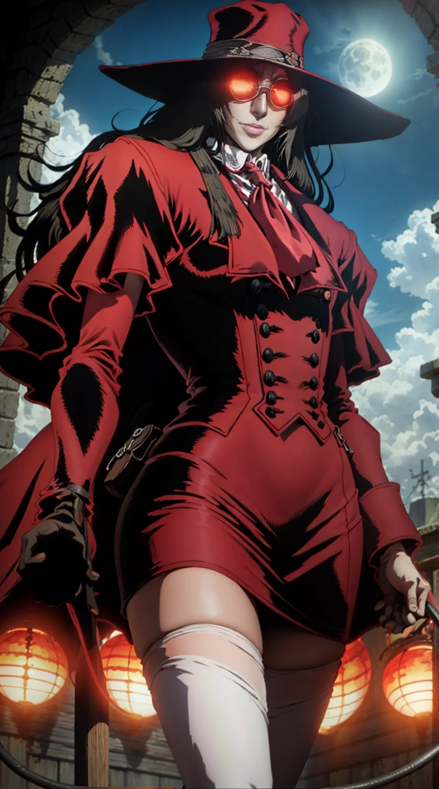 Hellsing, personagem alucard, Standing character, sobretudo vermelho, olhos vermelhos, paisagem de noite, lua vermelha de fundo,