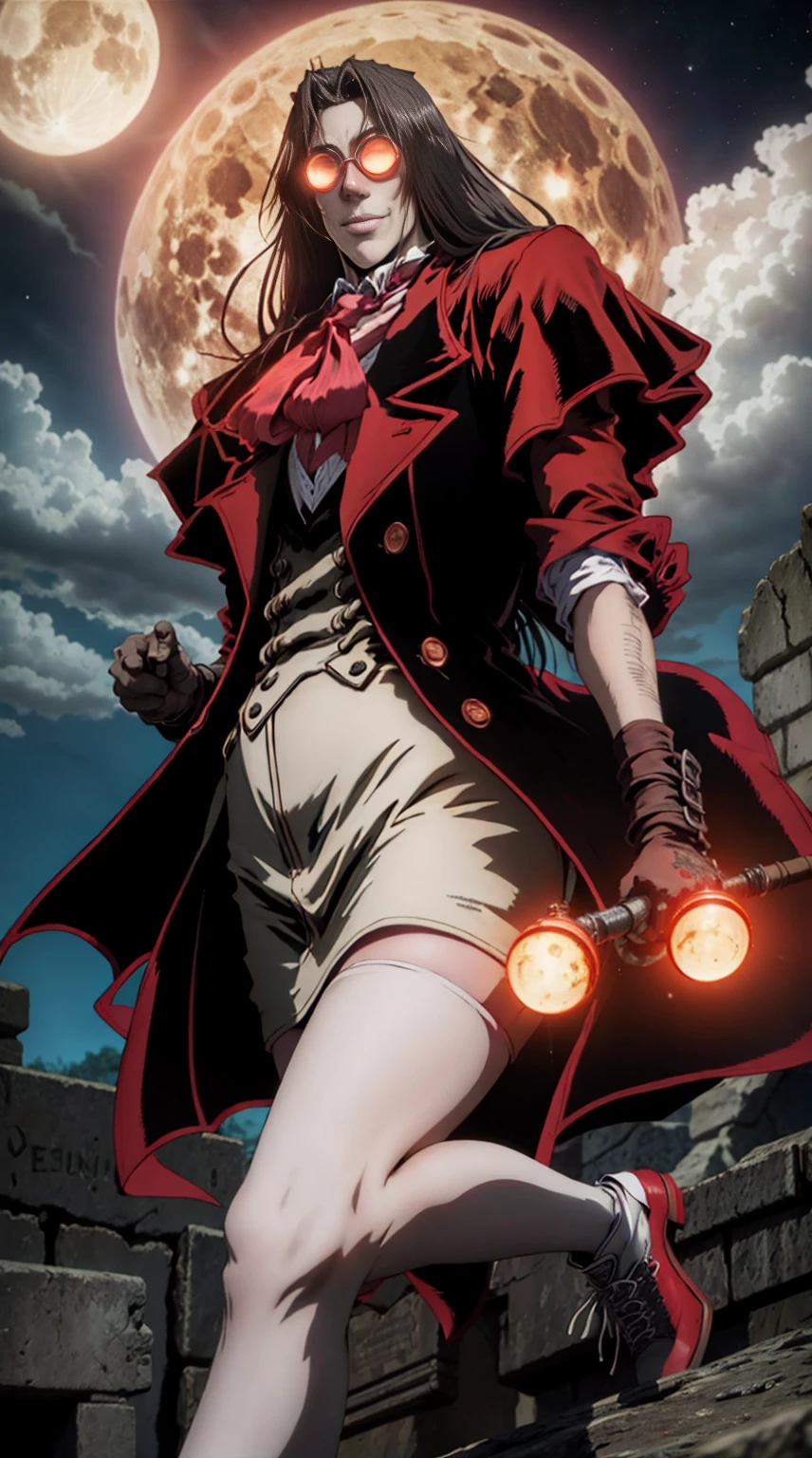 Hellsing, personagem alucard, Standing character, sobretudo vermelho, olhos vermelhos, paisagem de noite, lua vermelha de fundo,