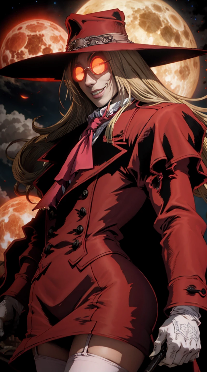 Hellsing, personagem alucard, Standing character, sobretudo vermelho, olhos vermelhos, paisagem de noite, lua vermelha de fundo,