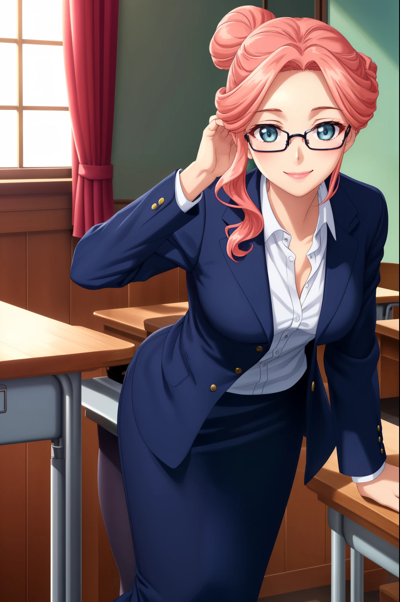 Gyokuha, Gyokuha妃, (1 girl:1.), (solo:1.3), long hair, pink hair, bun hair, single hair, (Light blue buttoned shirt:1.3), (open chest, (navy blue suit:1.3), (navy blue pencil skirt:1.2), glasses, highest quality, High resolution, unity 8k wallpaper, (An illustration: 0.8), (detailed and beautiful eyes:1.6), highly detailed face, perfect lighting, Detailed CG, (perfect hands, perfect anatomy), (smile:1.3), gentle smile, blush, glassesー触る, (leaning forward:1.3), classroom, put your hands on the desk