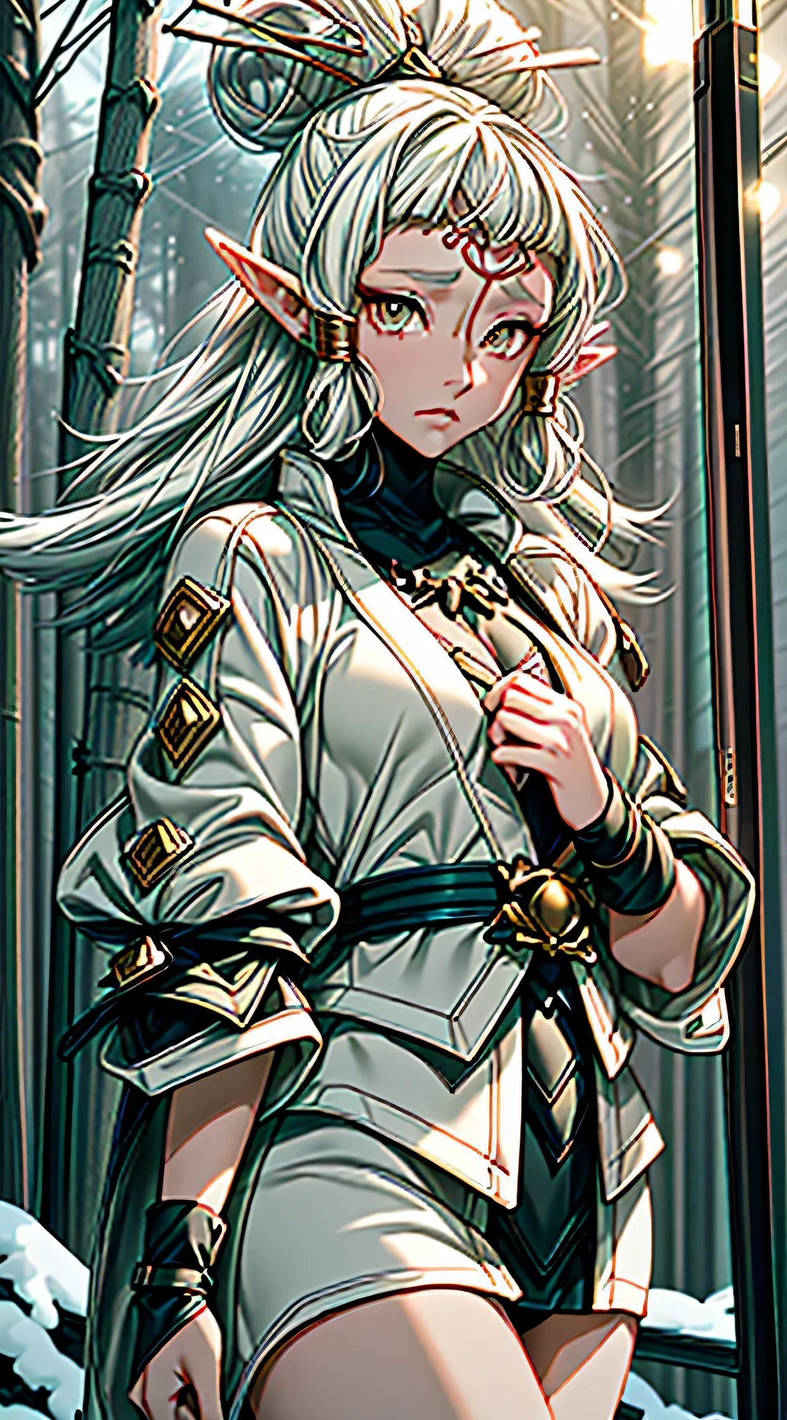paya, cute elf,((anime elf with extremely cute and beautiful blonde hair)), (((elf))), (((elf ears))), ((((white hair:1.35,messy white hair,colored inner hair,ear breathing)))),(((gold_eyes:1.3))),intricate eyes,beautiful detailed eyes,symmetrical eyes,big eyes:1.5,(((lustrous skin:1.5,bright skin: 1.5,skin tanned,shiny skin,very shiny skin,shiny body,plastic glitter skin,exaggerated shiny skin,illuminated skin))),(delicate detailed fingers,detailed body,(detailed face)), cute,slutty,erotic,daring,((nsfw)), zettai ryouiki,revealing clothing,show skin,(((Sexy ivory fur coat, ivory fur coat outfit, wearing a ivory fur coat:1.3,ivory winter coat))), ((ivory mini-skirt,ivory mini skirt with furry edge,visible thong straps)),(white gloves,ivory clothes,semi-naked,with little ivory clothing,((((furry edge clothing)))),(((intricate outfit,intricate clothes,embroidered outfit,ornate outfit,embroidered clothes,ornate clothes))), (dynamic pose:1.0),embarrassed,(centered,scale to fit dimensions,Rule of thirds), ((snowy pine forest at night)), with dark stormy clouds,winter,scenery:1.25,((snow forest background)),Christmas tree, highres,sharp focus,(ultra detailed,extremely detailed),(photorealistic artwork:1.37),(extremely detailed CG unity 8k wallpaper),(((vibrant colors,vibrant theme))),(intricate),(masterpiece),(best quality),