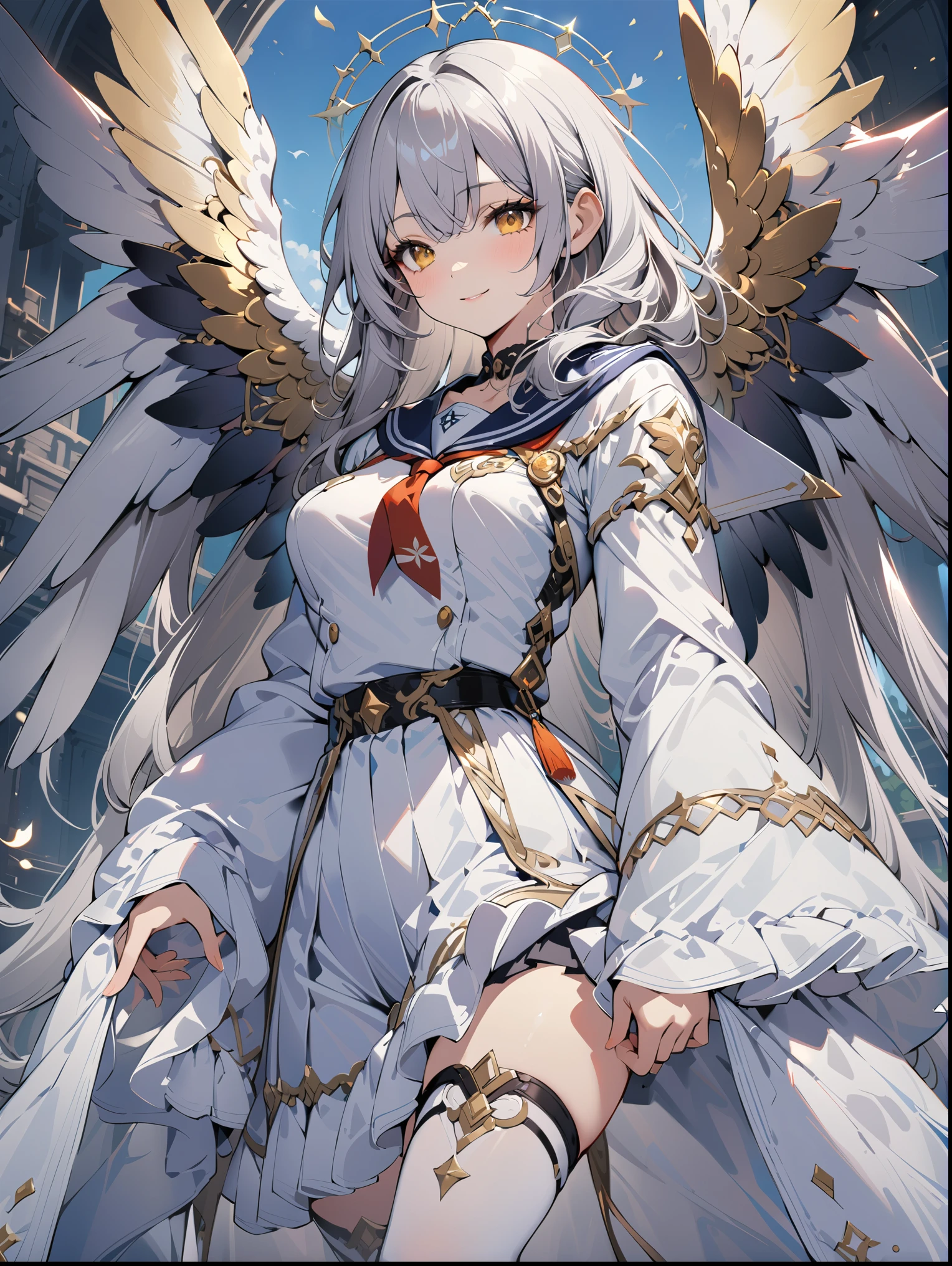 8K resolution, ((highest quality)), ((masterpiece)), ((super detailed)), (very delicate and beautiful), with a girl, solo, gentle expression, she is very(relax)with(Calm)Appearance,gray haired, Depth of the bounds written, bright smile, bright yellow eyes, bright white hair, beautiful background, Long Hair - Linear Art, black skirt, White uniform like a sailor suit, Angel, Angelの白い翼, White feathers fluttering, Eyes that shine like amber, upper eye, wonderful eyes, whole body