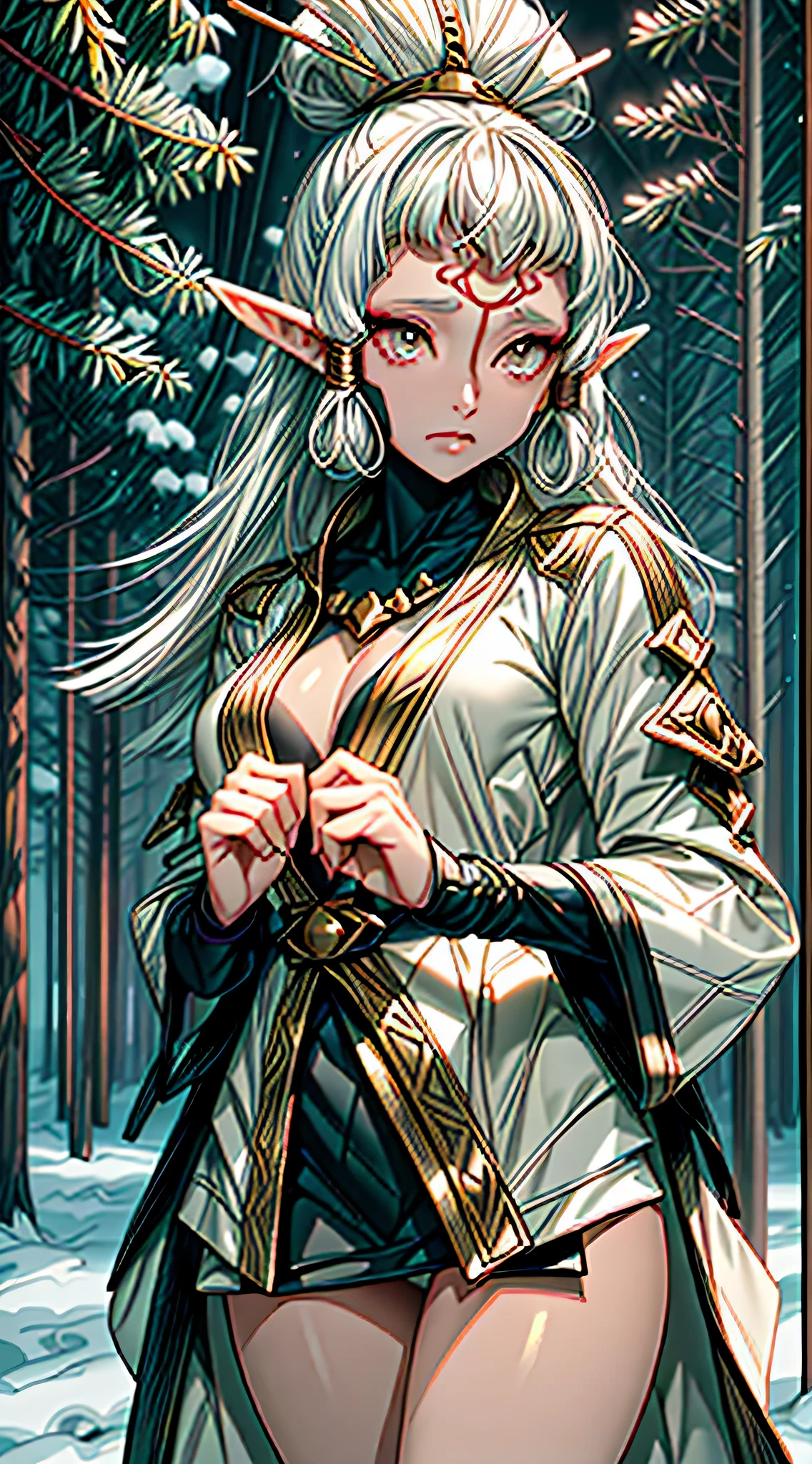 paya, cute elf,((anime elf with extremely cute and beautiful blonde hair)), (((elf))), (((elf ears))), ((((white hair:1.35,messy white hair,colored inner hair,ear breathing)))),(((gold_eyes:1.3))),intricate eyes,beautiful detailed eyes,symmetrical eyes,big eyes:1.5,(((lustrous skin:1.5,bright skin: 1.5,skin tanned,shiny skin,very shiny skin,shiny body,plastic glitter skin,exaggerated shiny skin,illuminated skin))),(delicate detailed fingers,detailed body,(detailed face)), cute,slutty,erotic,daring,((nsfw)), zettai ryouiki,revealing clothing,show skin,(((Sexy ivory fur coat, ivory fur coat outfit, wearing a ivory fur coat:1.3,ivory winter coat))), ((ivory mini-skirt,ivory mini skirt with furry edge,visible thong straps)),(white gloves,ivory clothes,semi-naked,with little ivory clothing,((((furry edge clothing)))),(((intricate outfit,intricate clothes,embroidered outfit,ornate outfit,embroidered clothes,ornate clothes))), (dynamic pose:1.0),embarrassed,(centered,scale to fit dimensions,Rule of thirds), ((snowy pine forest at night)), with dark stormy clouds,winter,scenery:1.25,((snow forest background)),Christmas tree, highres,sharp focus,(ultra detailed,extremely detailed),(photorealistic artwork:1.37),(extremely detailed CG unity 8k wallpaper),(((vibrant colors,vibrant theme))),(intricate),(masterpiece),(best quality),
