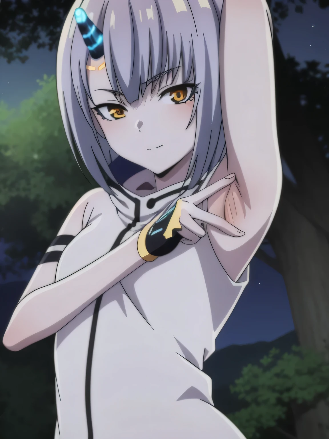 Atar anime, hdr, soft light, ((best quality)), ((masterpiece)), (detailed), 2D, anime, anime coloring, high quality, closed mouth, solo, upper body, night sky, forest, arms behind head, contrapposto, expressionless, spread armpits, small smile,