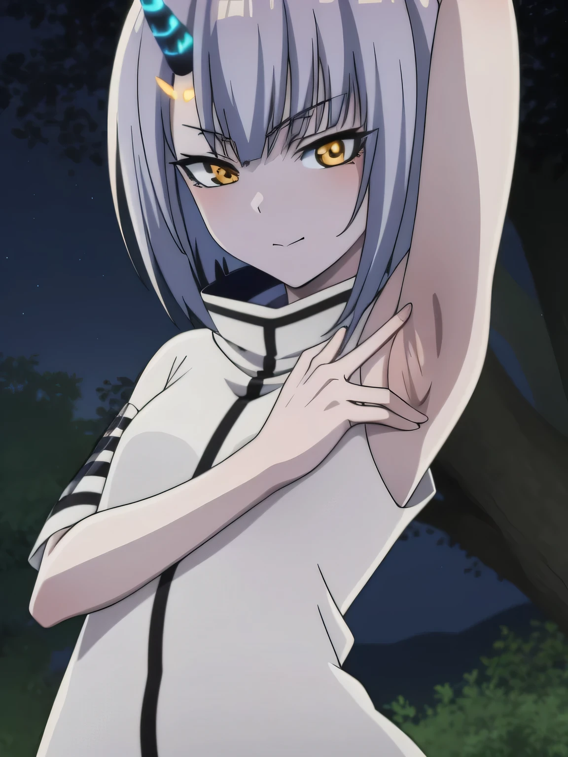 Atar anime, hdr, soft light, ((best quality)), ((masterpiece)), (detailed), 2D, anime, anime coloring, high quality, closed mouth, solo, upper body, night sky, forest, arms behind head, contrapposto, expressionless, spread armpits, small smile,