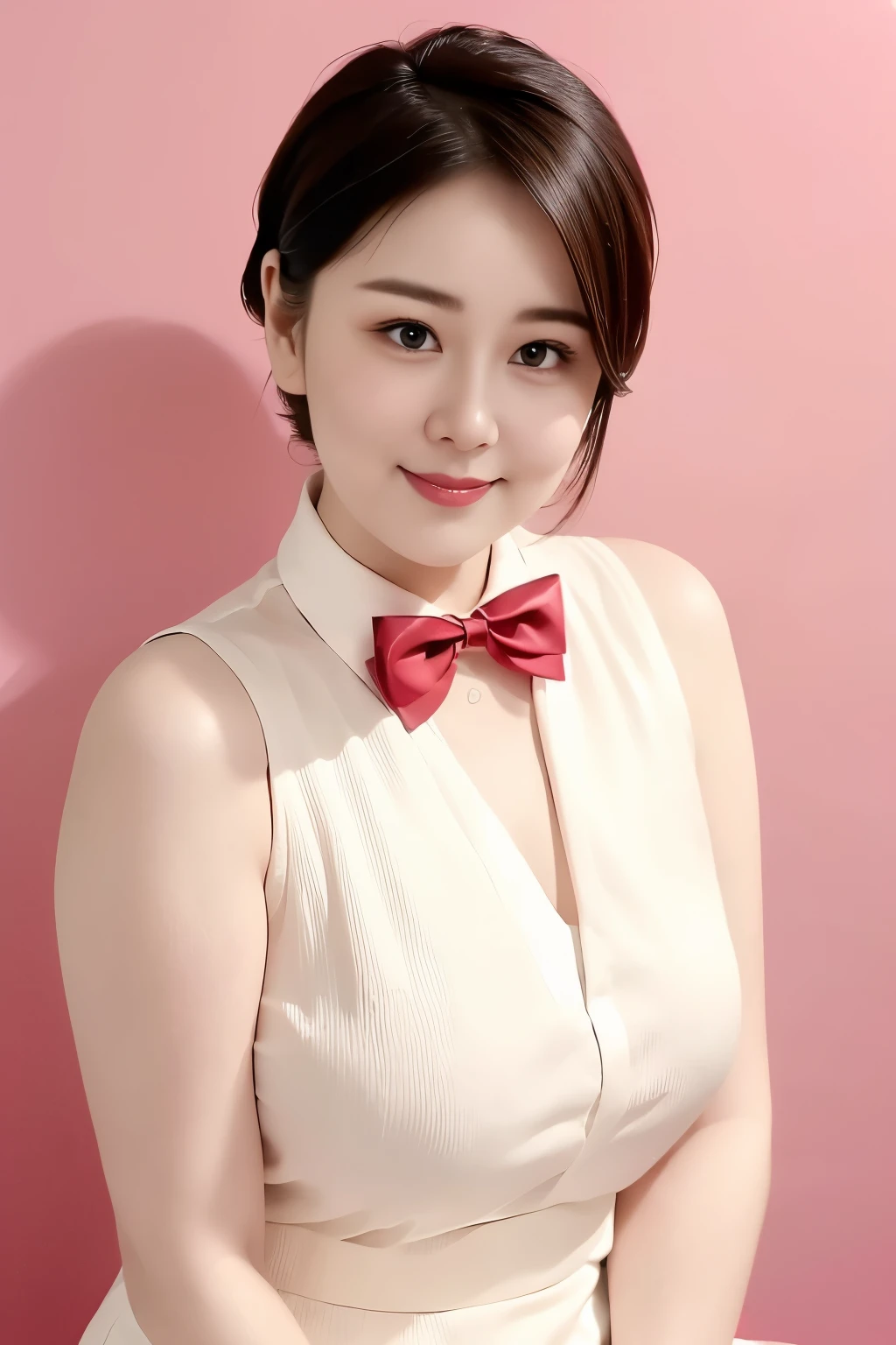 best quality,masterpiece,ultra high resolution,(lifelike:1.4),，34 years old adult，charming smile，Short hair tied up，Chubby face，Face is clear and delicate，(Close-up of face from shoulders up)，((Half-length photo))，wearing white shirt，red bow tie，The background is a solid color，Soft pink background，masterpiece，light