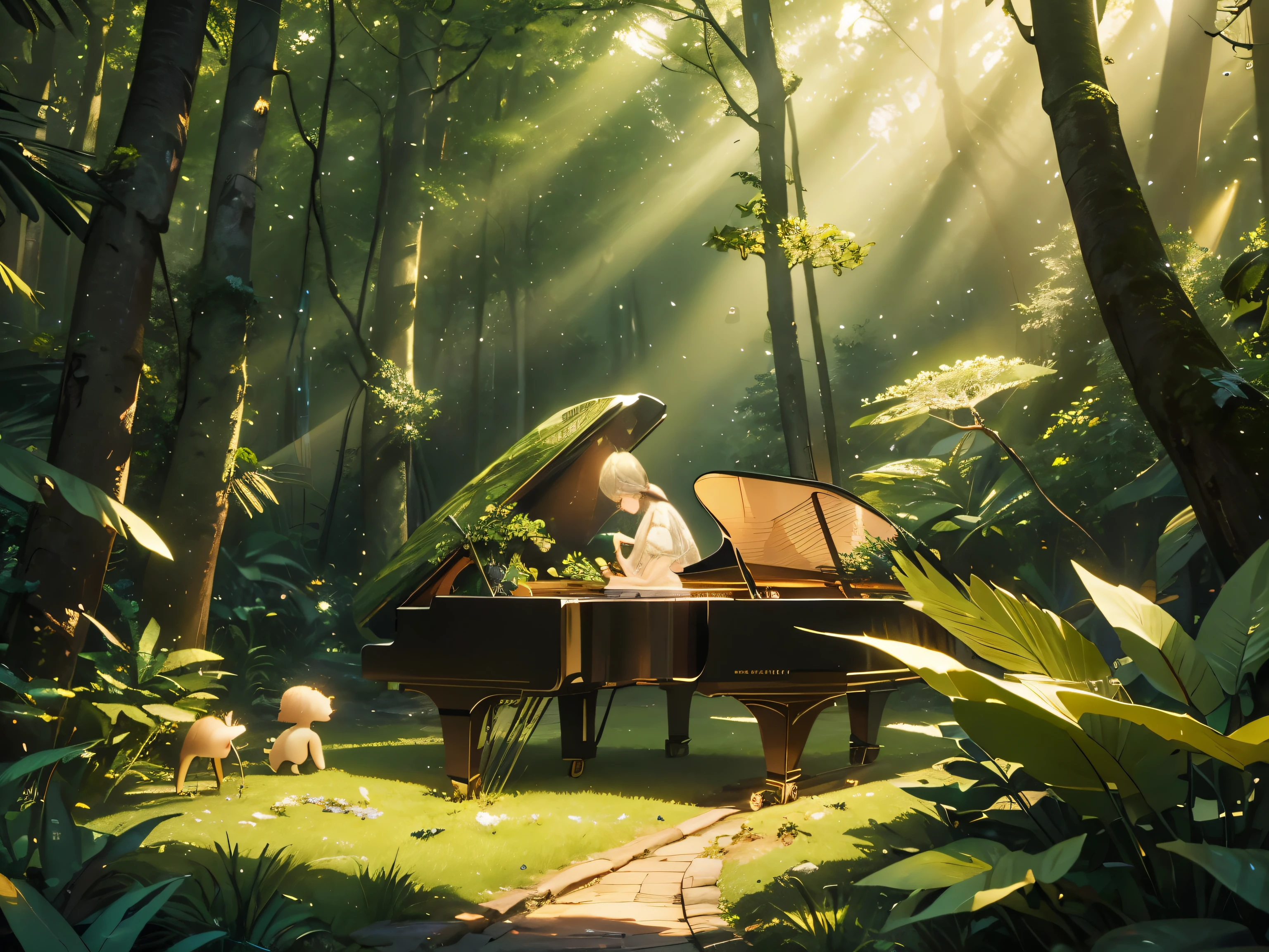 masterpiece, the best quality, best reflection ever. (Very detailed CG unified 8K wallpaper), (best quality), (Best Illustration), (Best shadows), forest theme with natural elements. forest,tall trees,glowing white piano,Small animals, small glowing mushrooms surrounded by delicate Leaves and branch, with firefly and glowing particle effects,, (natural elements), (jungle theme), (Leaves), (branch), (firefly), Butterfly, (delicate Leaves), (glow), (particle effects). , Isometric 3D, octane rendering, Ray tracing, super detailed