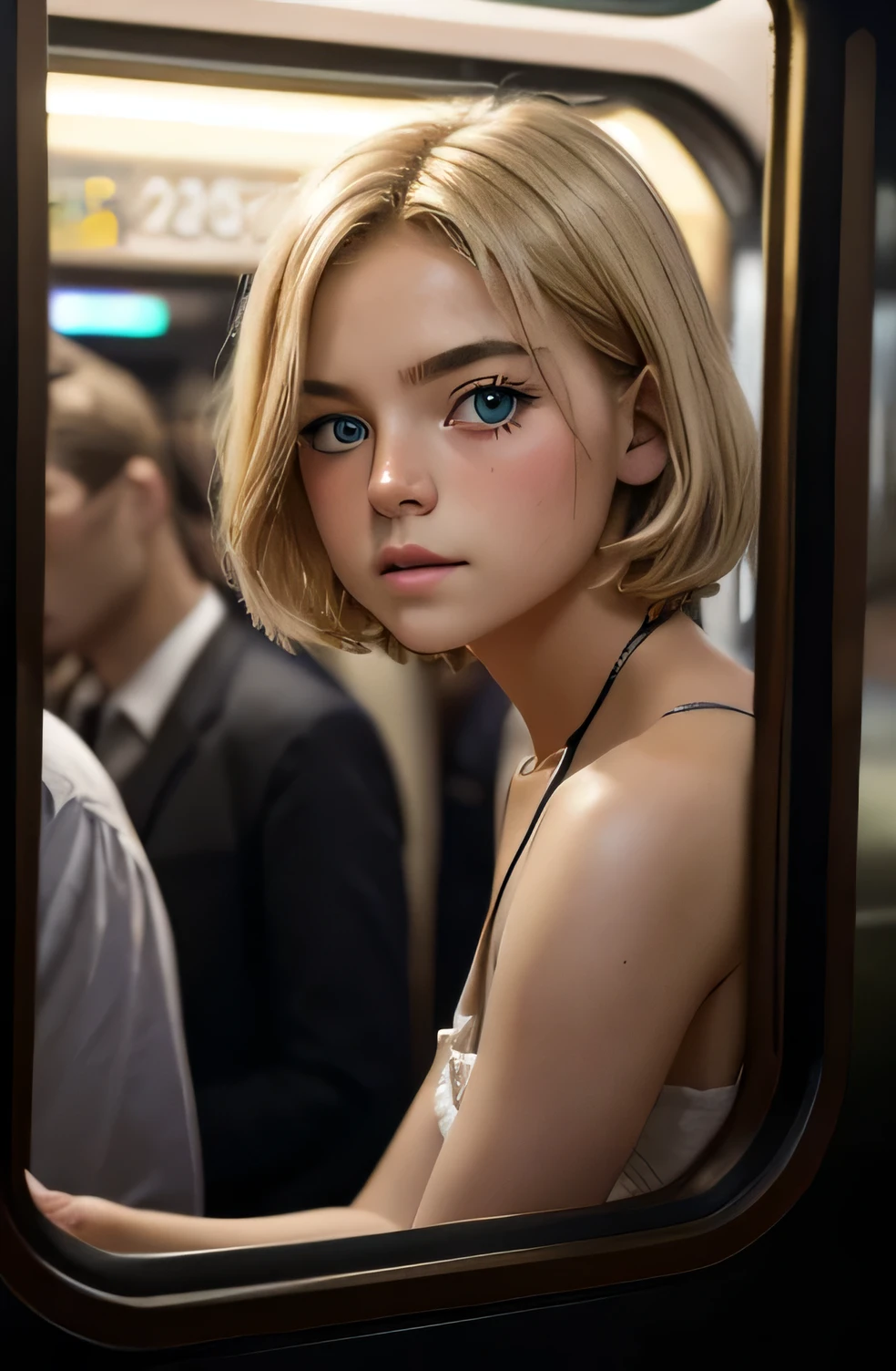 photography, portrait, french, 14 year old girl, green eyes, blond hair, baghugging, salopette, short hair, beautiful hair, makeup, octane rendering, 8K, beautiful lighting, crowded train background, golden ratio compositing