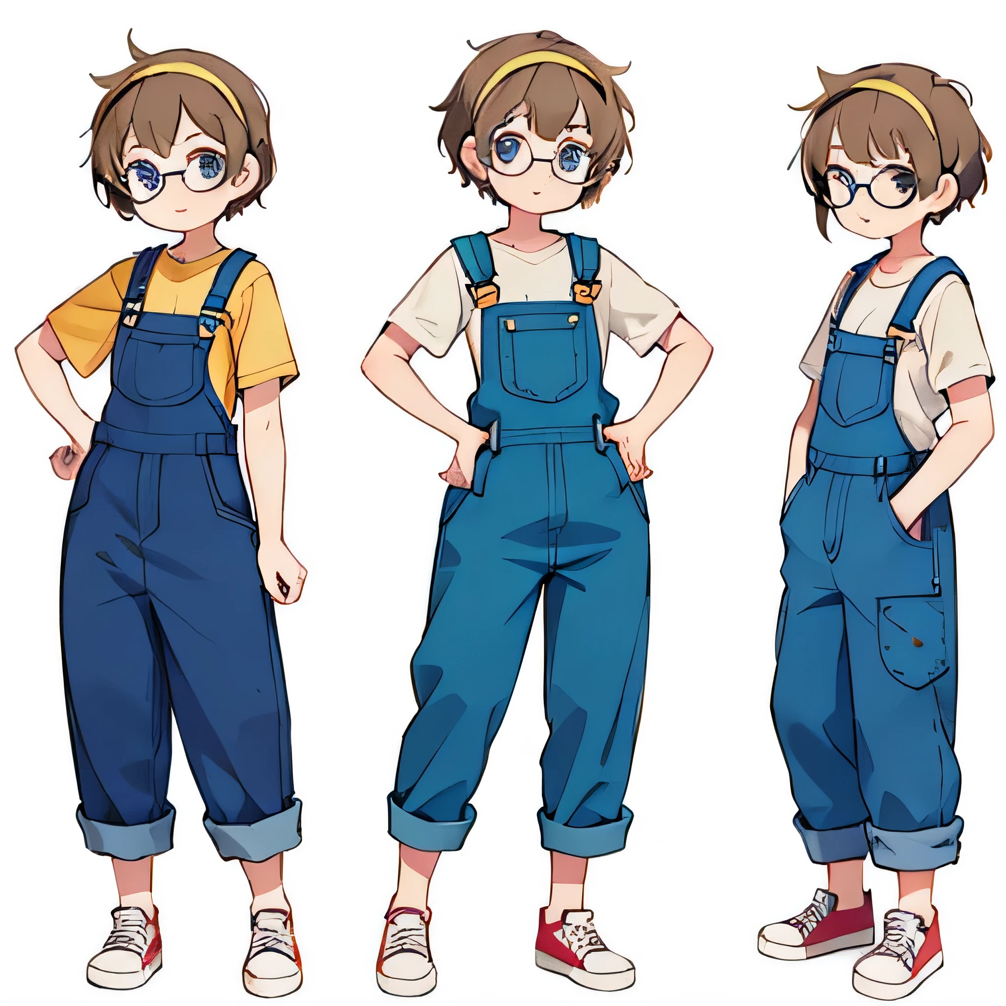　Standing picture　Glasses　whole body　head band　short hair　overalls