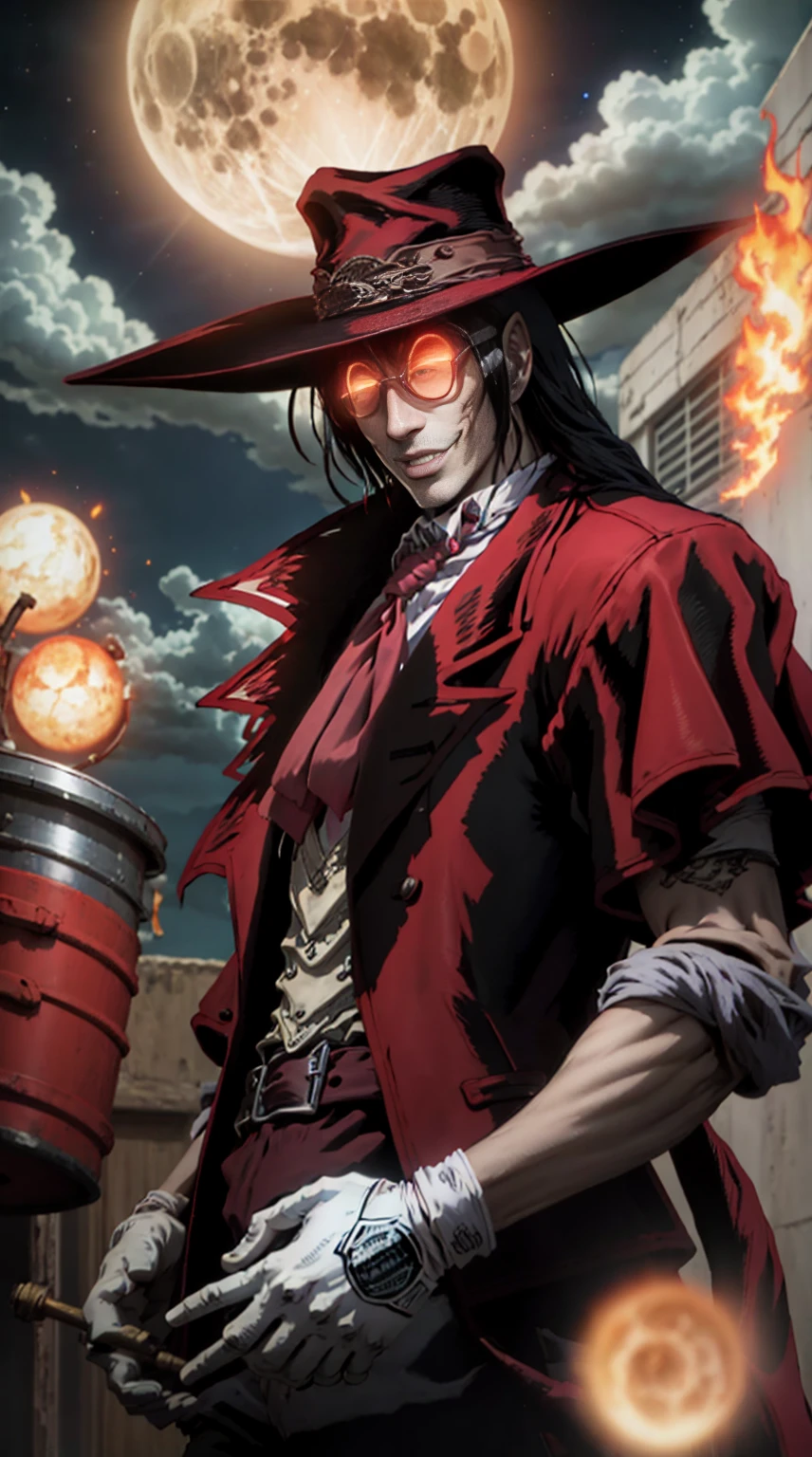 Hellsing, personagem Alucard, (man) Standing character,  sobretudo vermelho, olhos vermelhos, paisagem de noite, lua vermelha de fundo, black hair