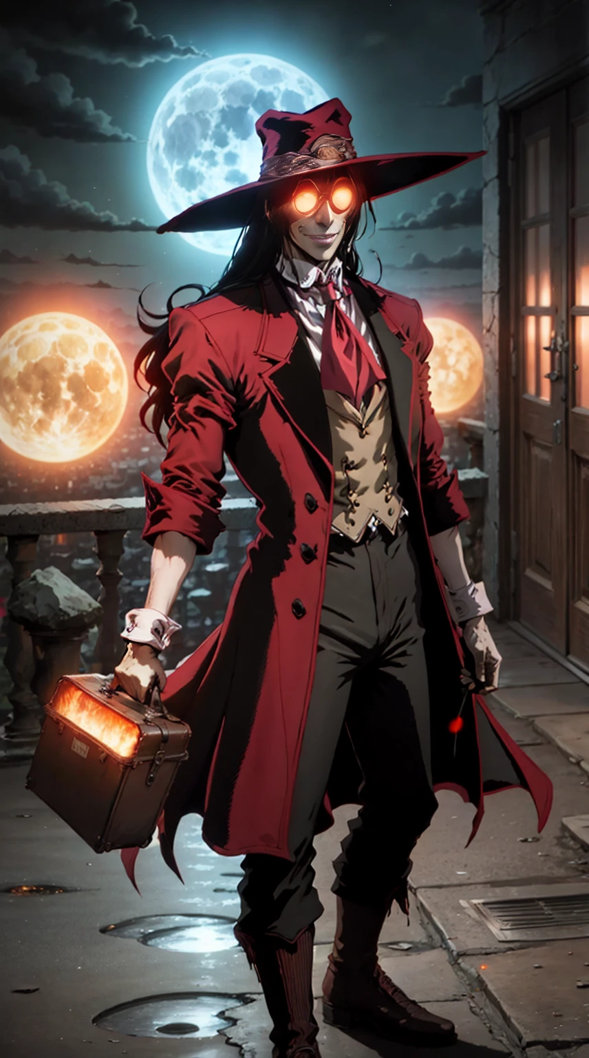 Hellsing, personagem Alucard, (man) Standing character,  sobretudo vermelho, olhos vermelhos, paisagem de noite, lua vermelha de fundo, black hair