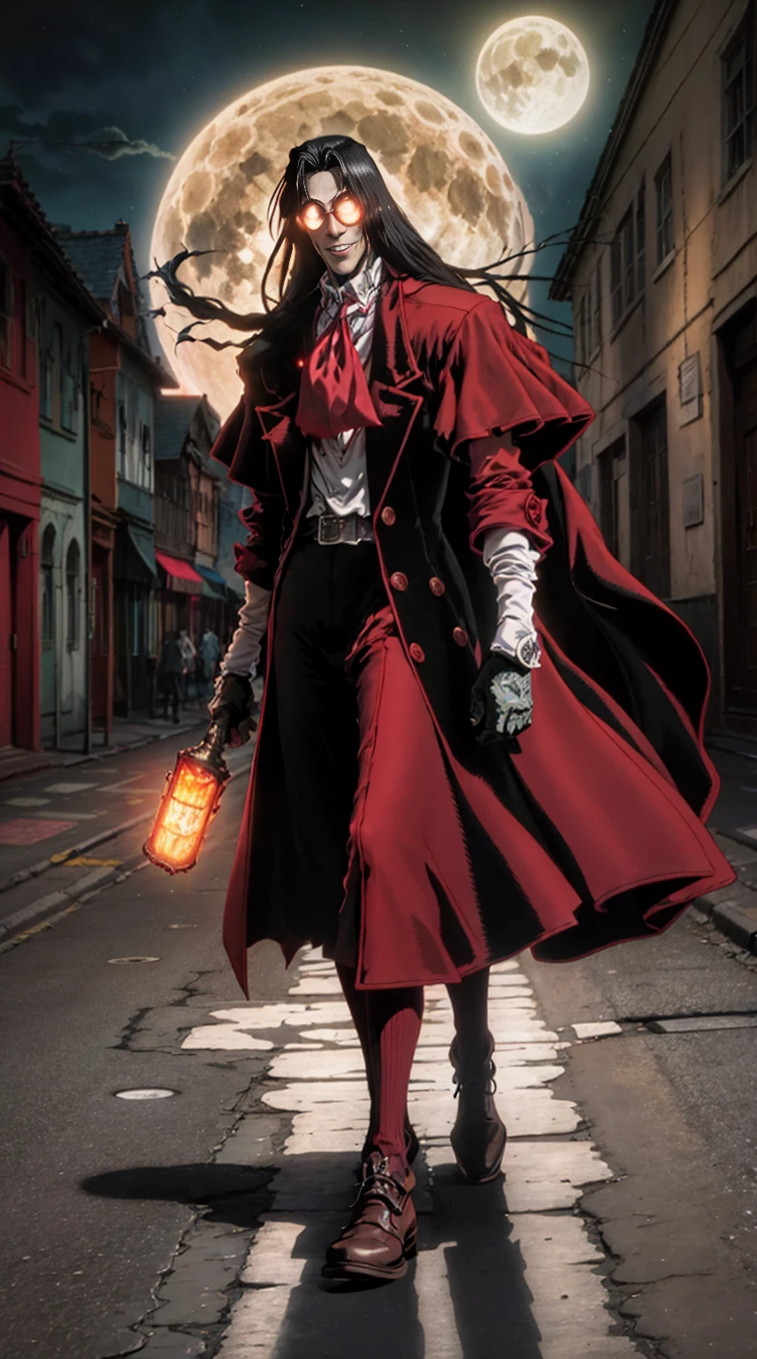 Hellsing, personagem Alucard, (man) Standing character,  sobretudo vermelho, olhos vermelhos, paisagem de noite, lua vermelha de fundo, black hair