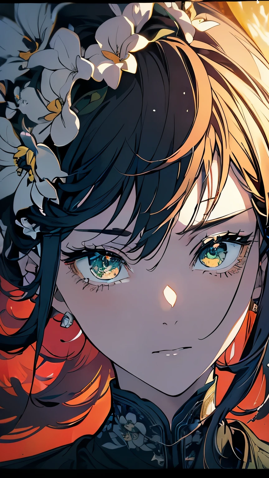 ((8K resolution))、((highest quality))、((masterpiece))、((Super detailed))((((dramatic))), (((Rough feeling))), (((intense)))、whole body、a handsome guy、woman、sunflower field、twilight、Wedding dress、tattoo、short hair、two block、white、yellow、green、green、flower々、flower火、Clear shadows、lively, front,rich colorful,have confidence,coil,scene,boldness,to attract attention,smart、tendency、i concentrate