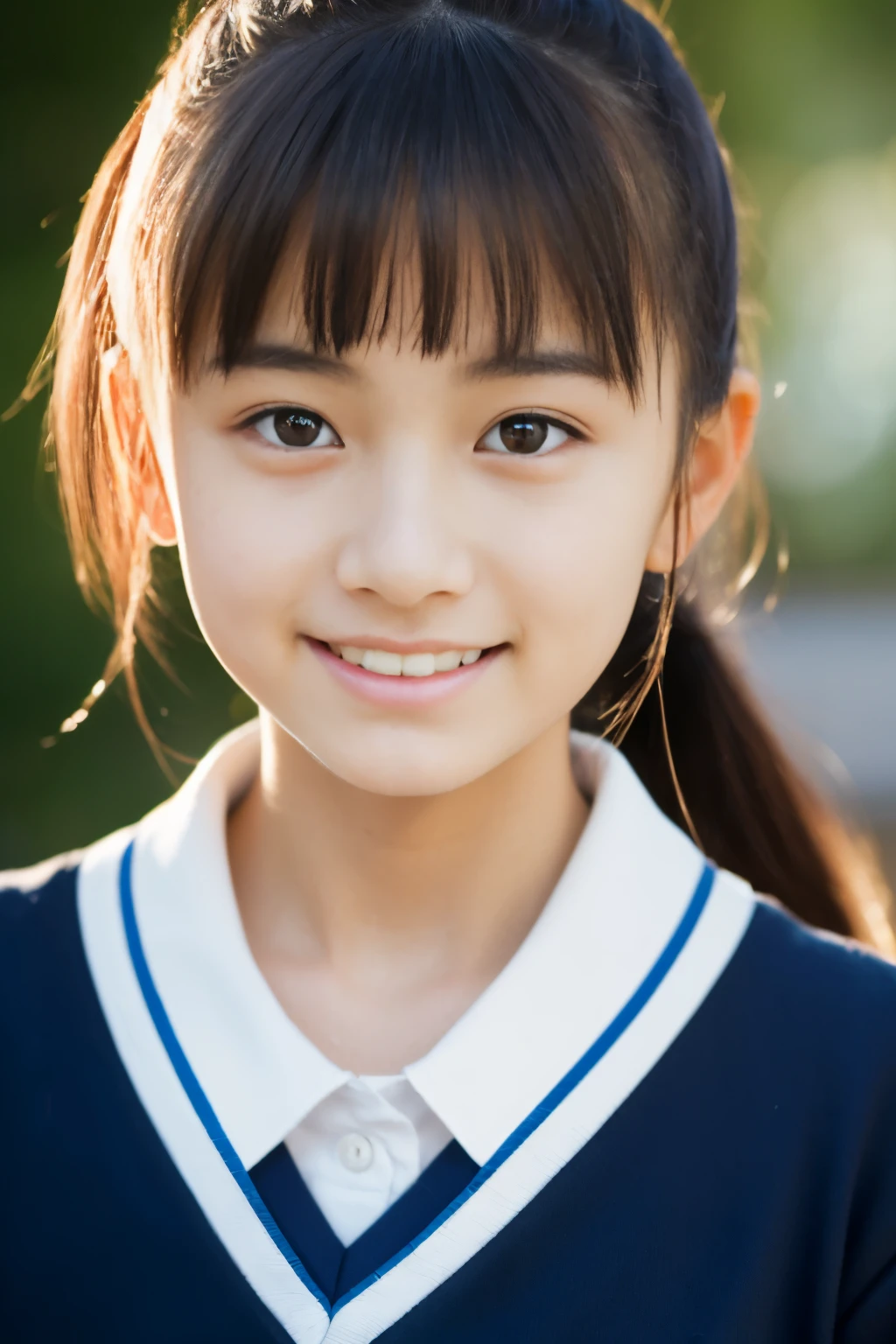 Lens 135mm f1.8, (highest quality),(RAW photo), (table top:1.1), (Beautiful Japanese girl), cute face, (deeply carved face:0.7), (freckles:0.6), dappled sunlight, dramatic lighting, (japanese school uniform), (inside the school), shy, ponytail, (Close-up shots of:1.2), (smile),, (sparkling eyes)、(sunlight),